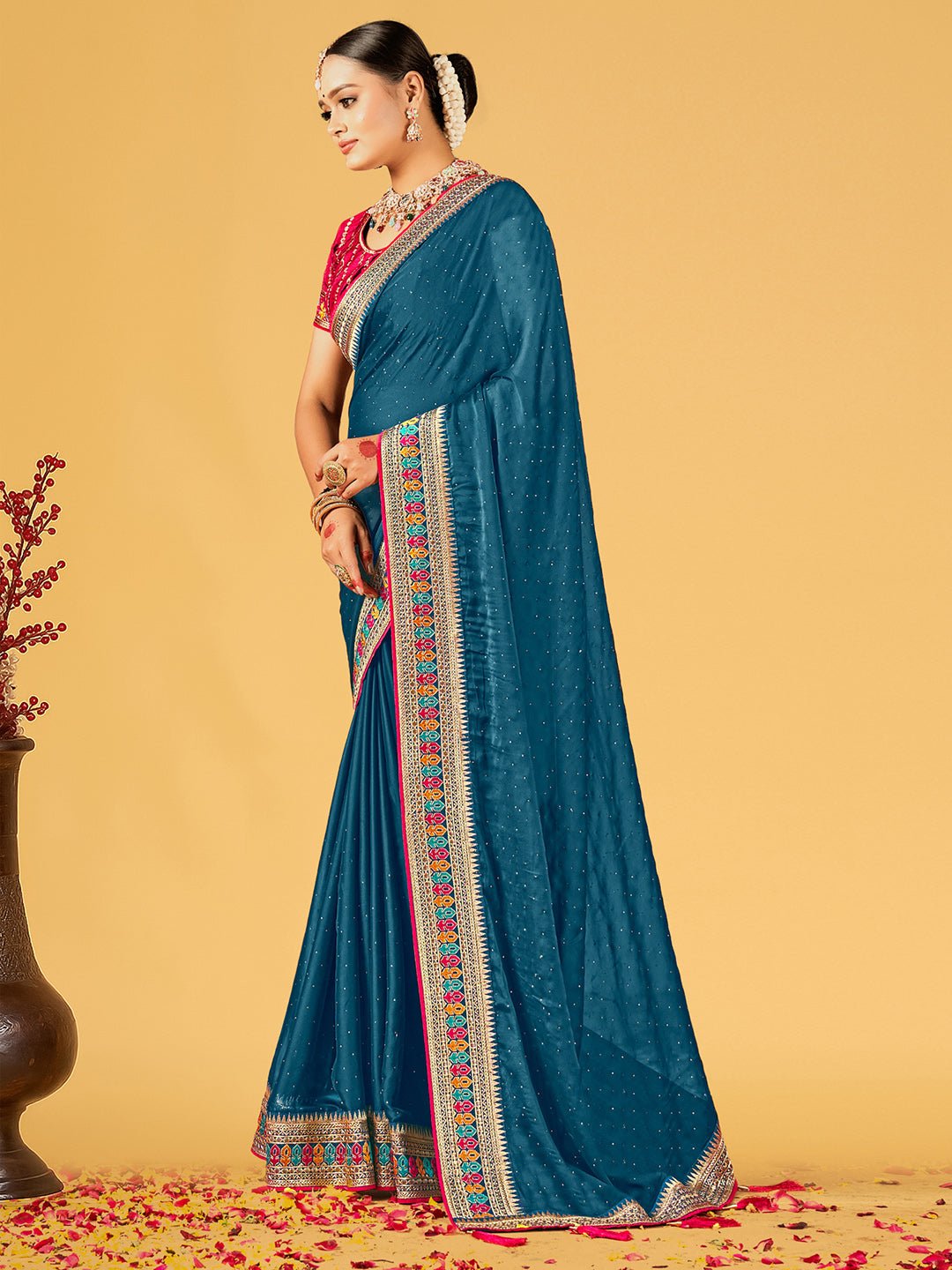 Teal Zari Work Satin Chiffon Saree - Ressa
