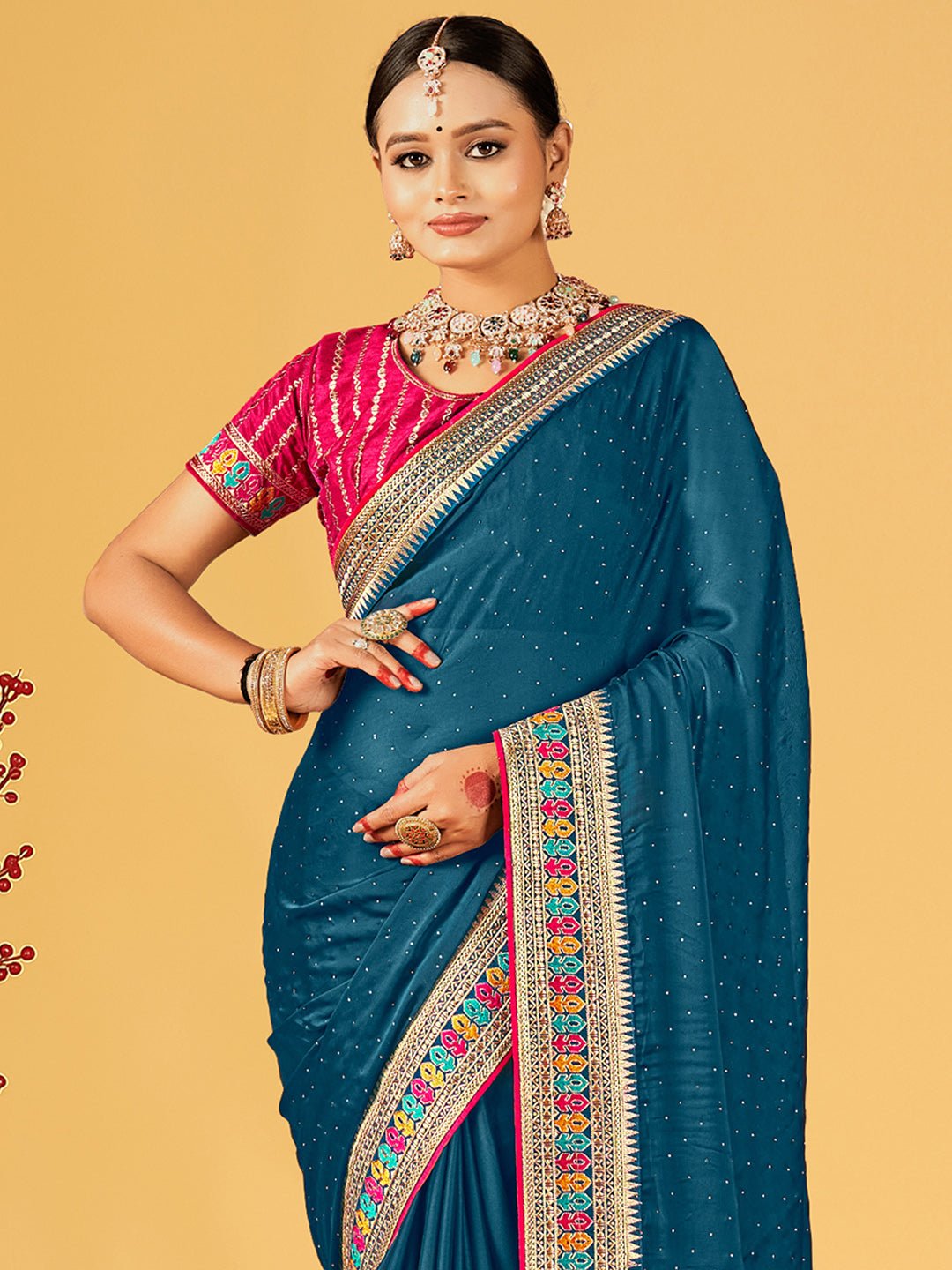 Teal Zari Work Satin Chiffon Saree - Ressa