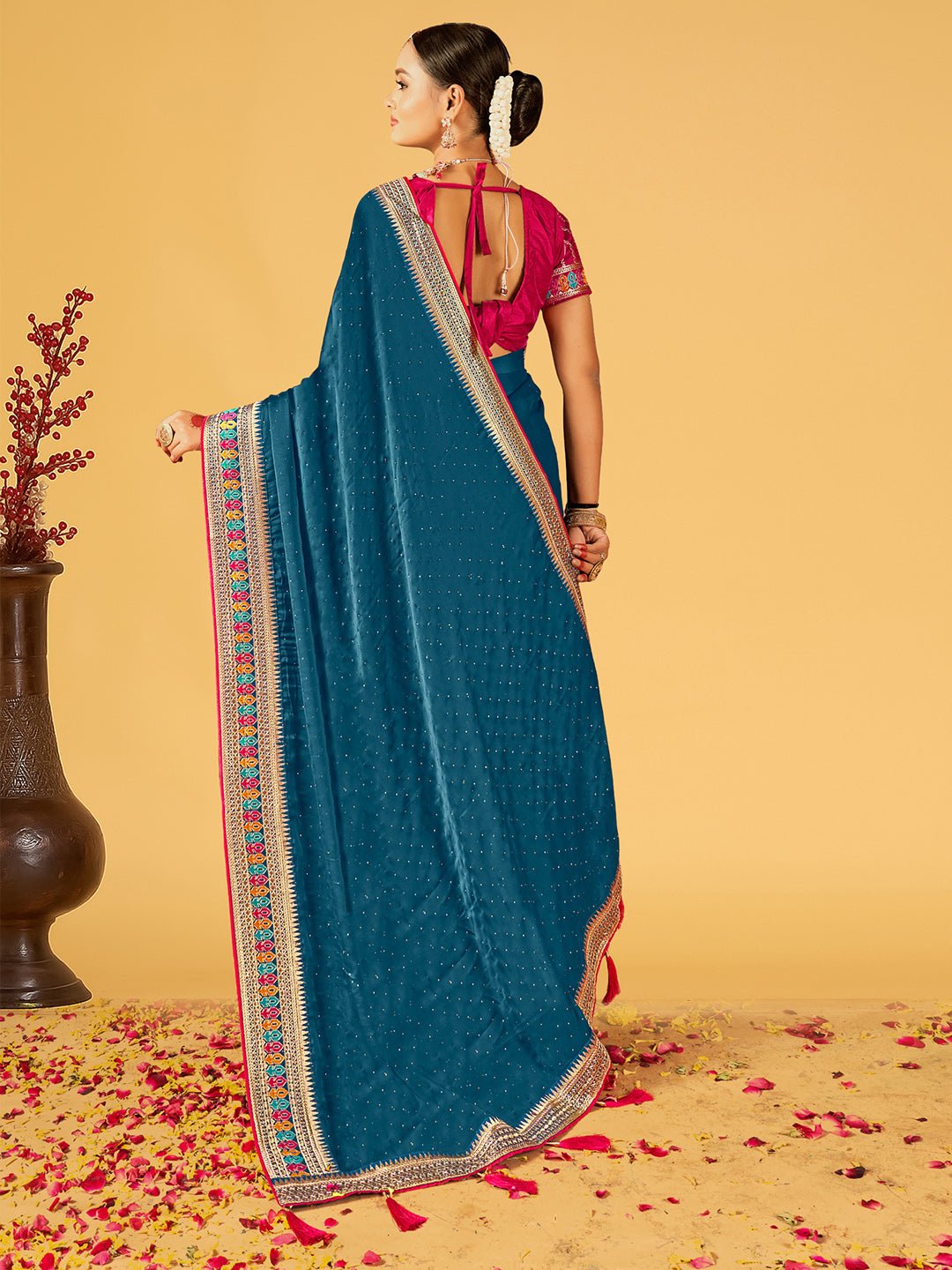 Teal Zari Work Satin Chiffon Saree - Ressa
