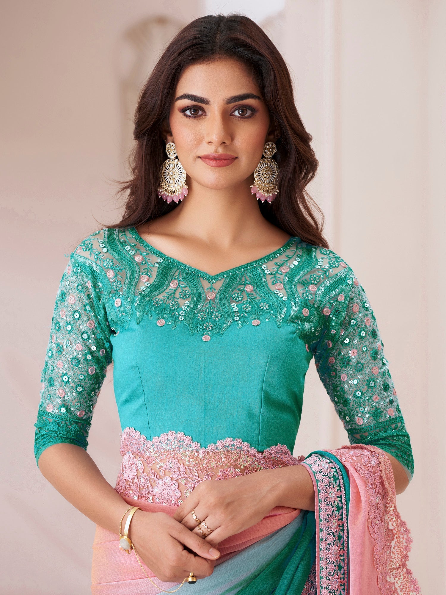 Teel Green & Peach Emblished Ombre Saree - Ressa