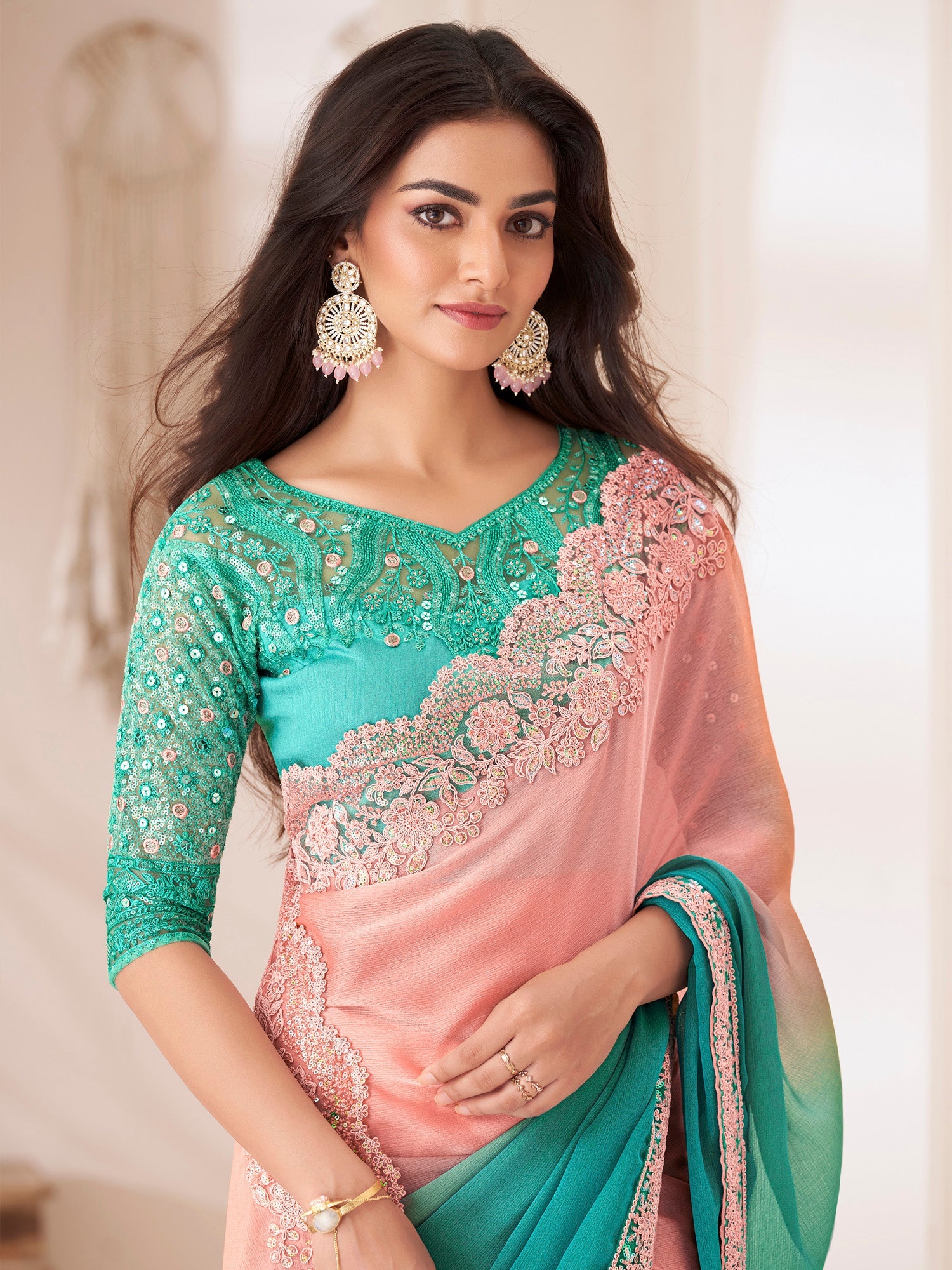 Teel Green & Peach Emblished Ombre Saree - Ressa