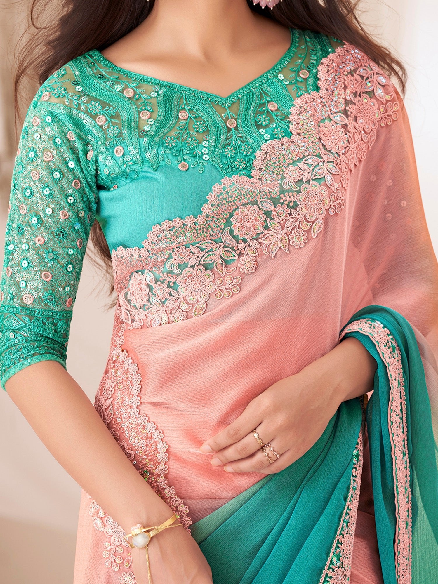 Teel Green & Peach Emblished Ombre Saree - Ressa