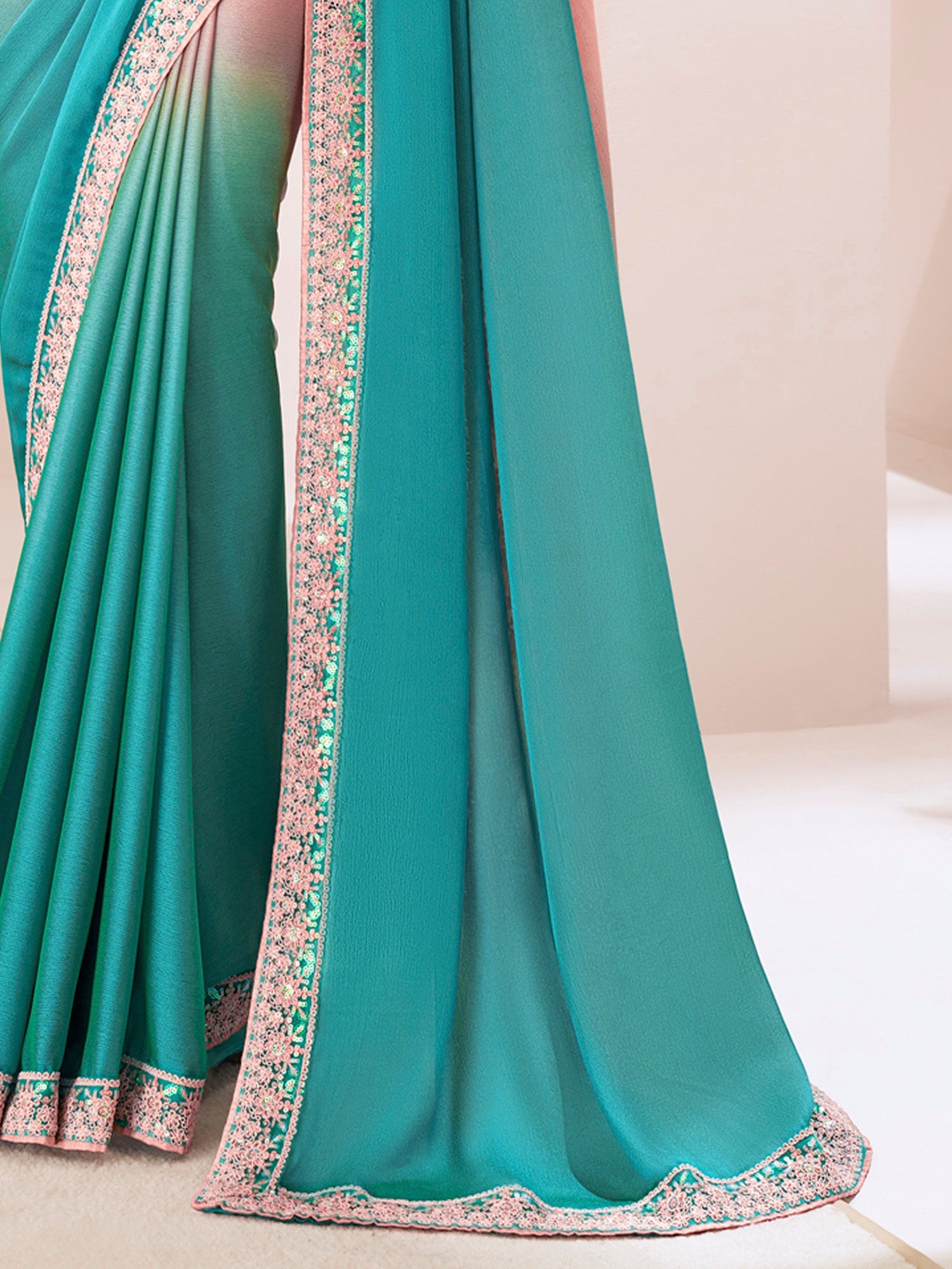 Teel Green & Peach Emblished Ombre Saree - Ressa