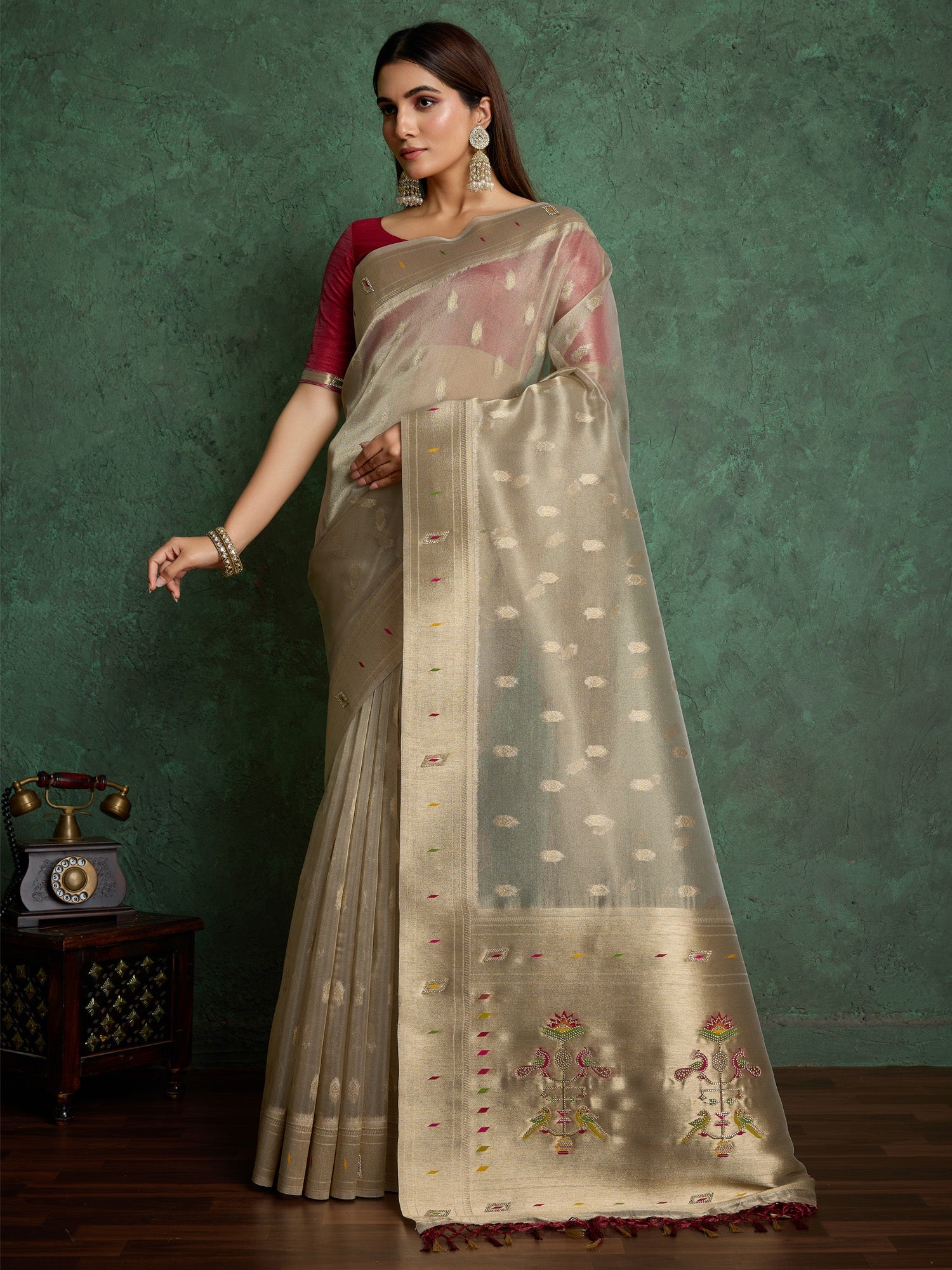 Tissue Biege Banarasi Silk Saree - Ressa