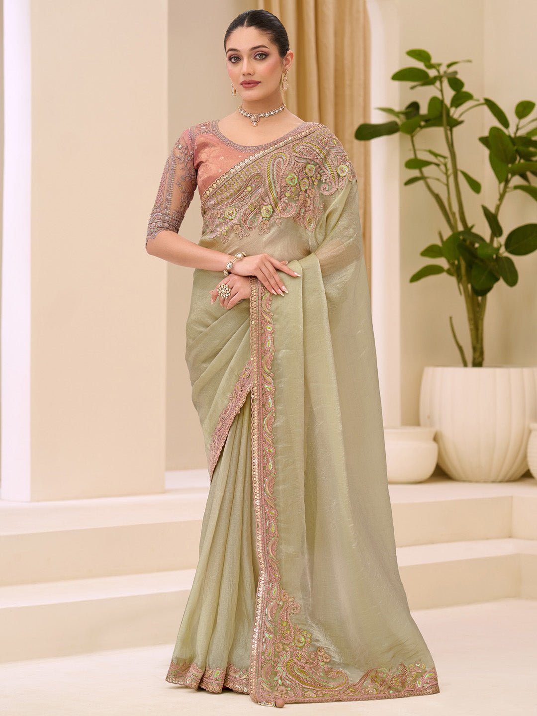 Tissue Light Green Embelished Party Wear Saree - Ressa