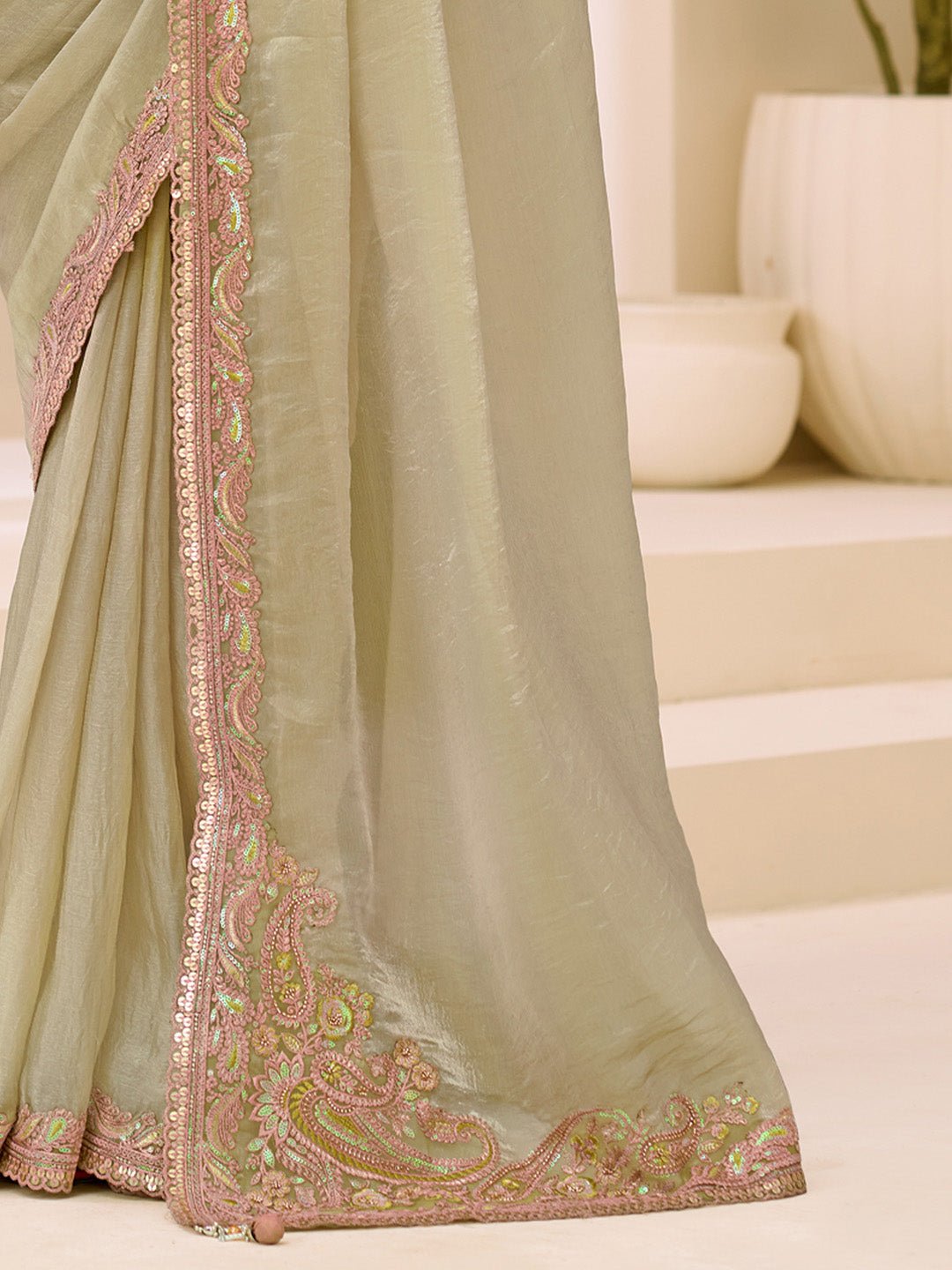 Tissue Light Green Embelished Party Wear Saree - Ressa