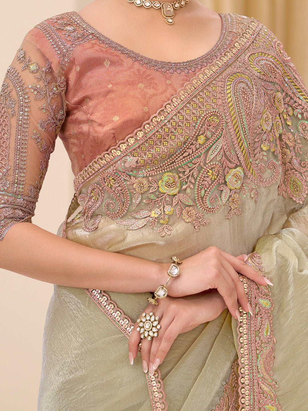 Tissue Light Green Embelished Party Wear Saree - Ressa