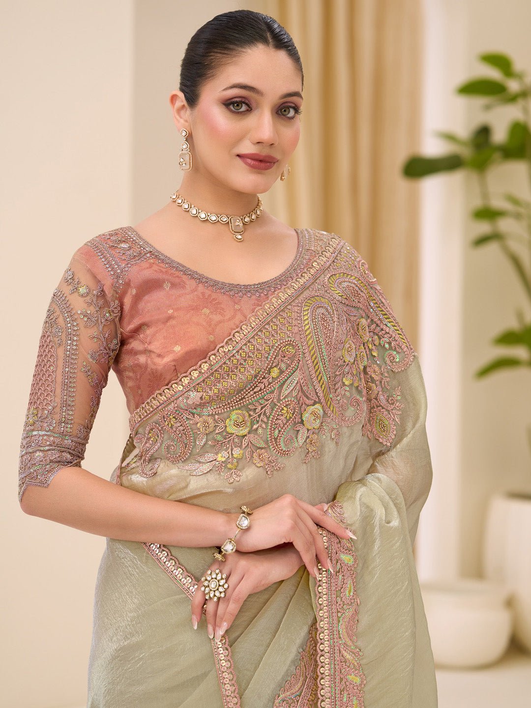 Tissue Light Green Embelished Party Wear Saree - Ressa