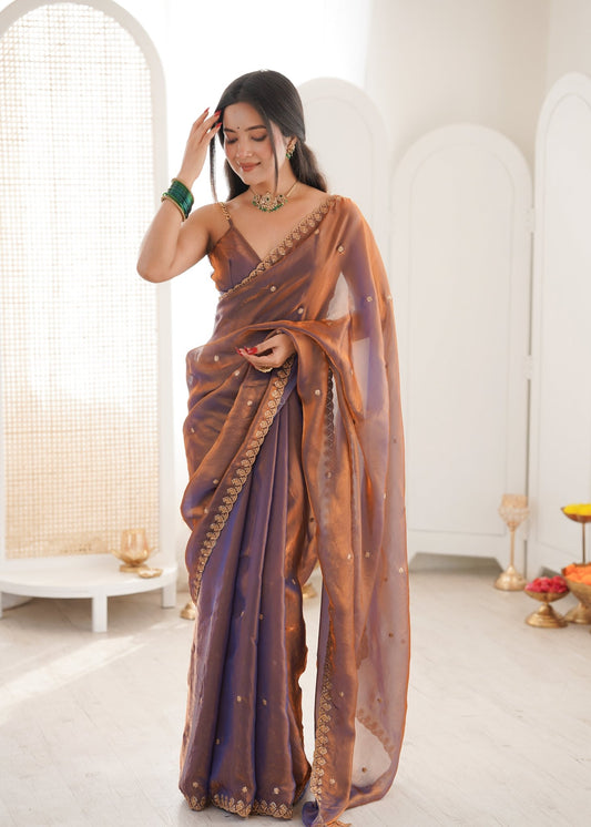 Tissue Organza Saree Mauve & Copper Dual-Tone - Ressa