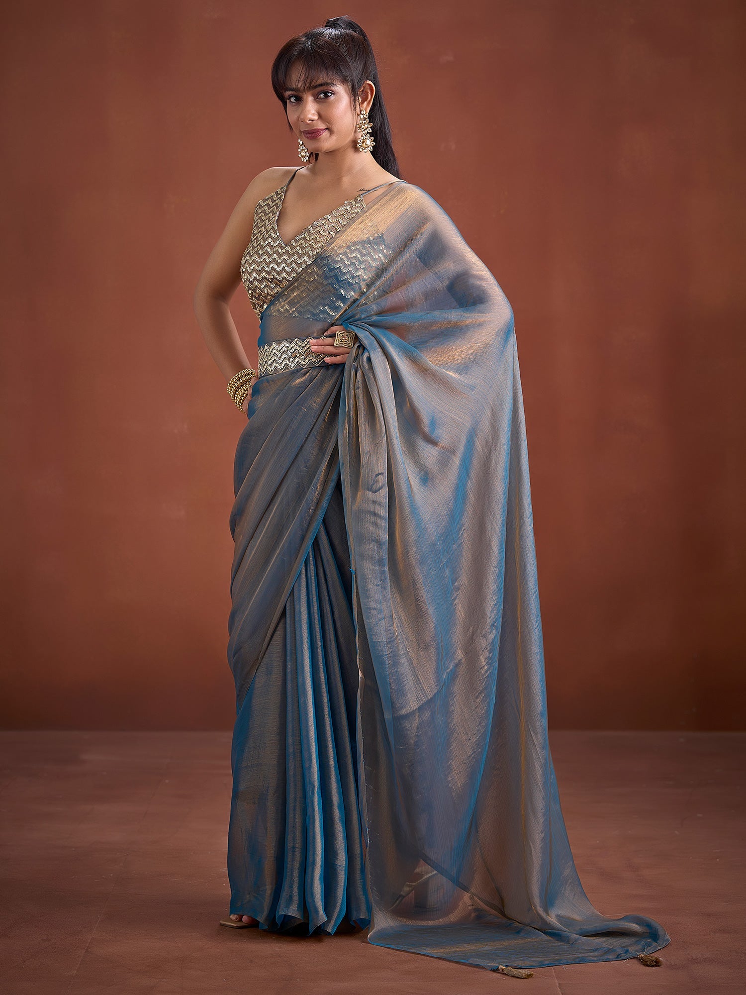 Tissue Silk Saree in Steel Blue with Gold Zari Border - Ressa