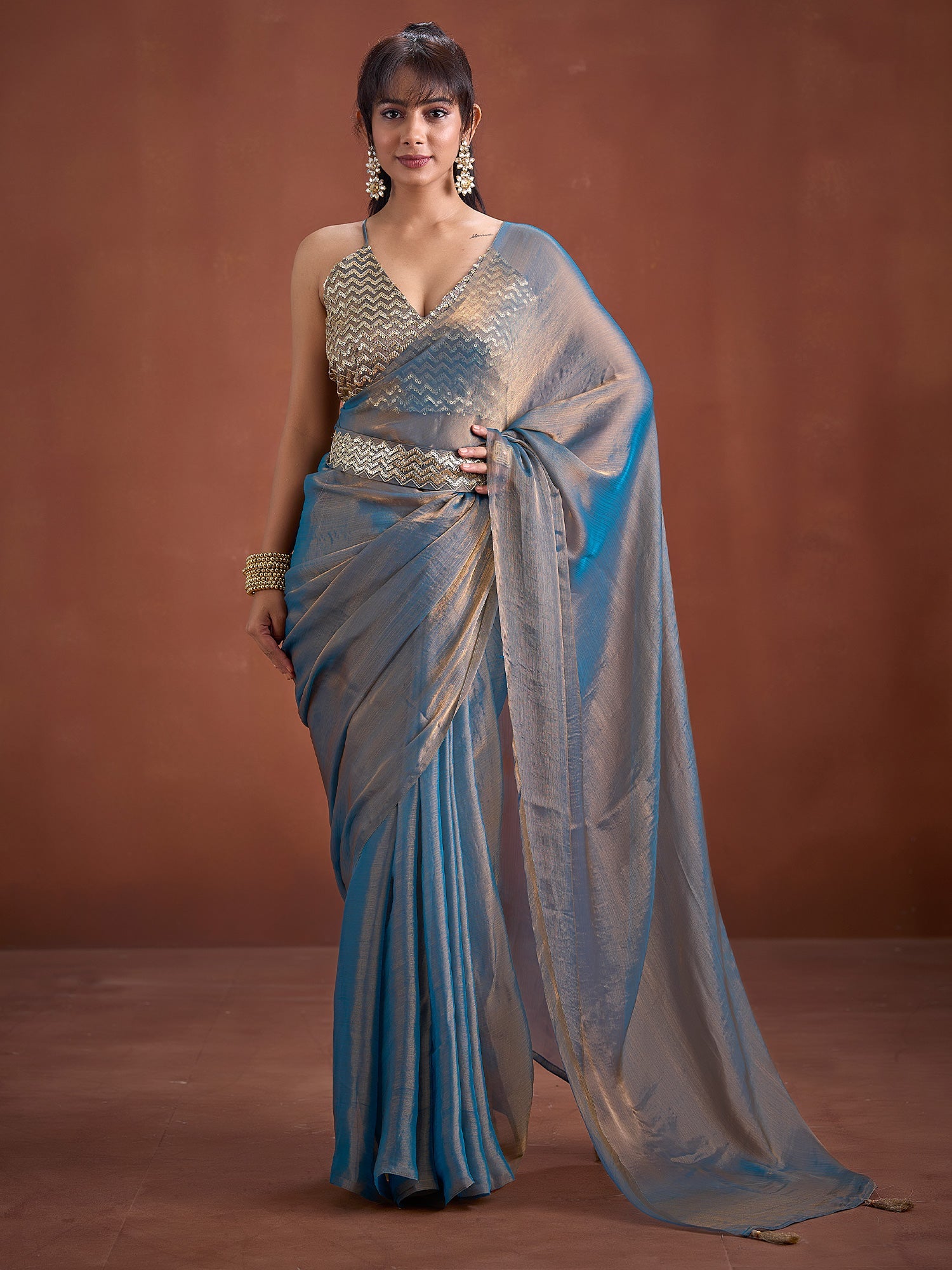 Tissue Silk Saree in Steel Blue with Gold Zari Border - Ressa