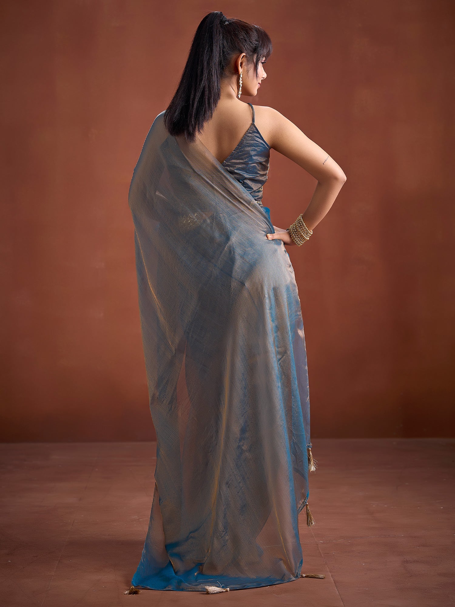 Tissue Silk Saree in Steel Blue with Gold Zari Border - Ressa