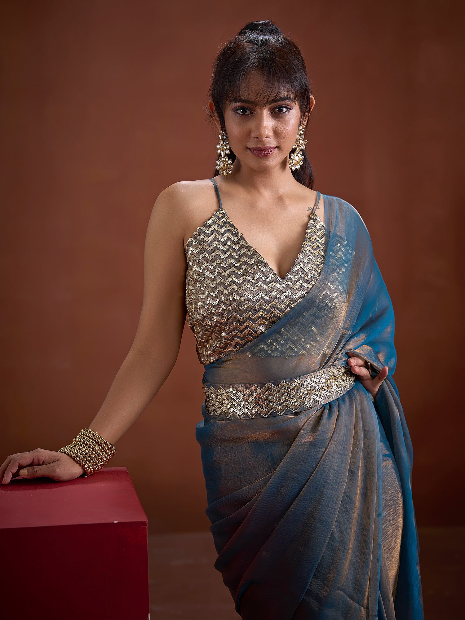 Tissue Silk Saree in Steel Blue with Gold Zari Border - Ressa