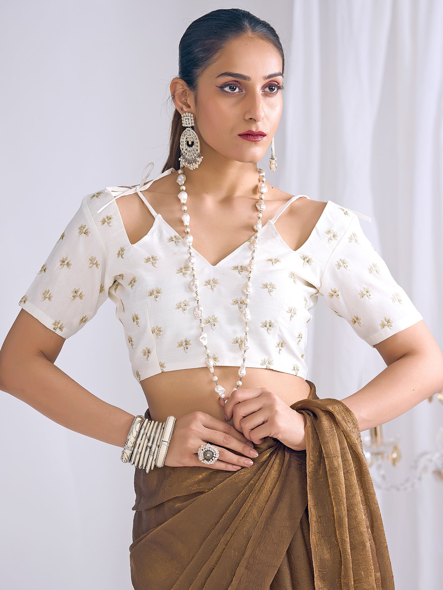 Tobacco Brown Organza Saree with Embroidered Blouse - Ressa