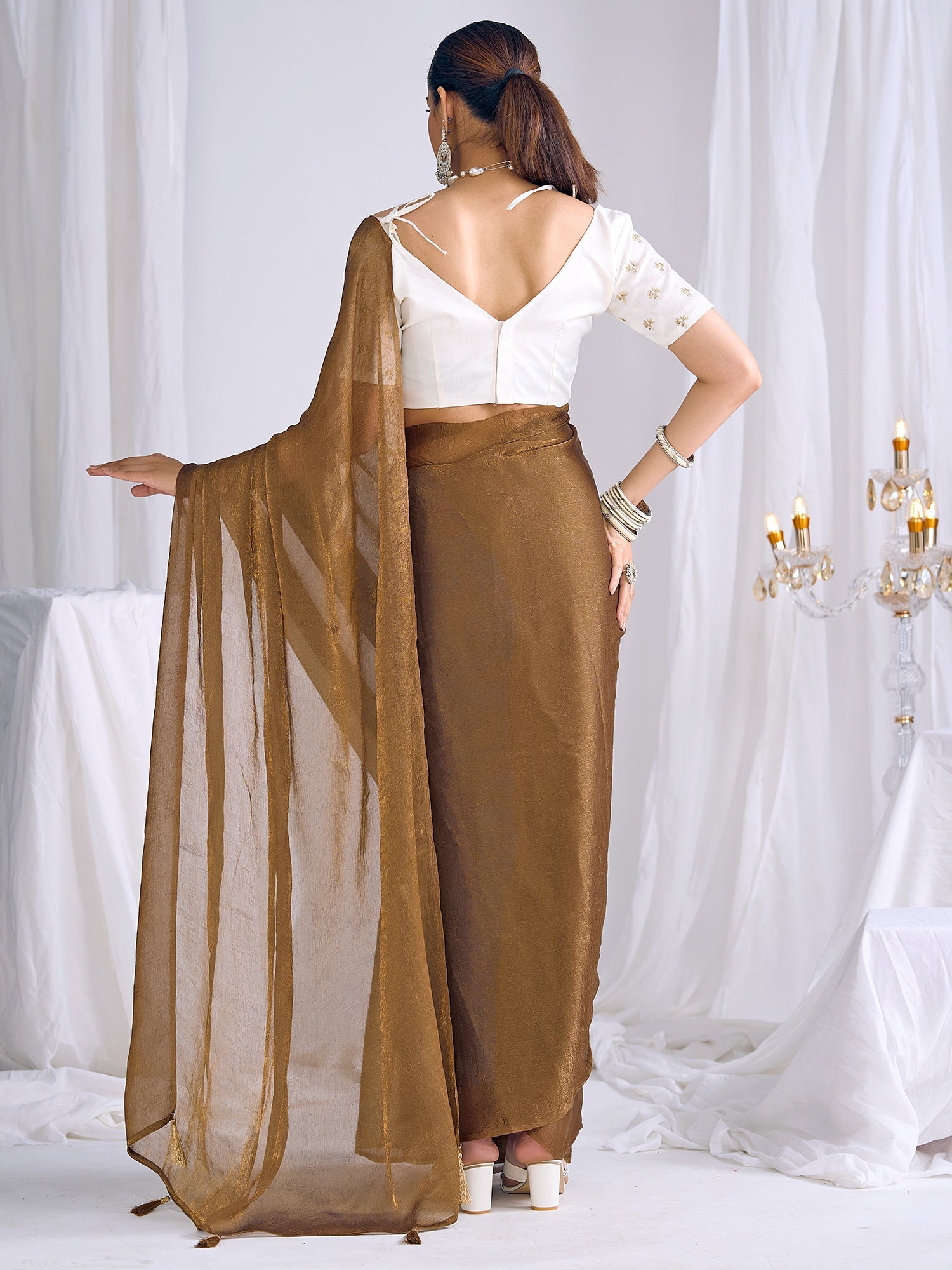 Tobacco Brown Organza Saree with Embroidered Blouse - Ressa