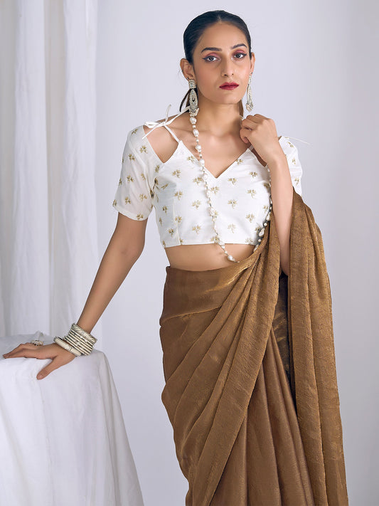 Tobacco Brown Organza Saree with Embroidered Blouse - Ressa