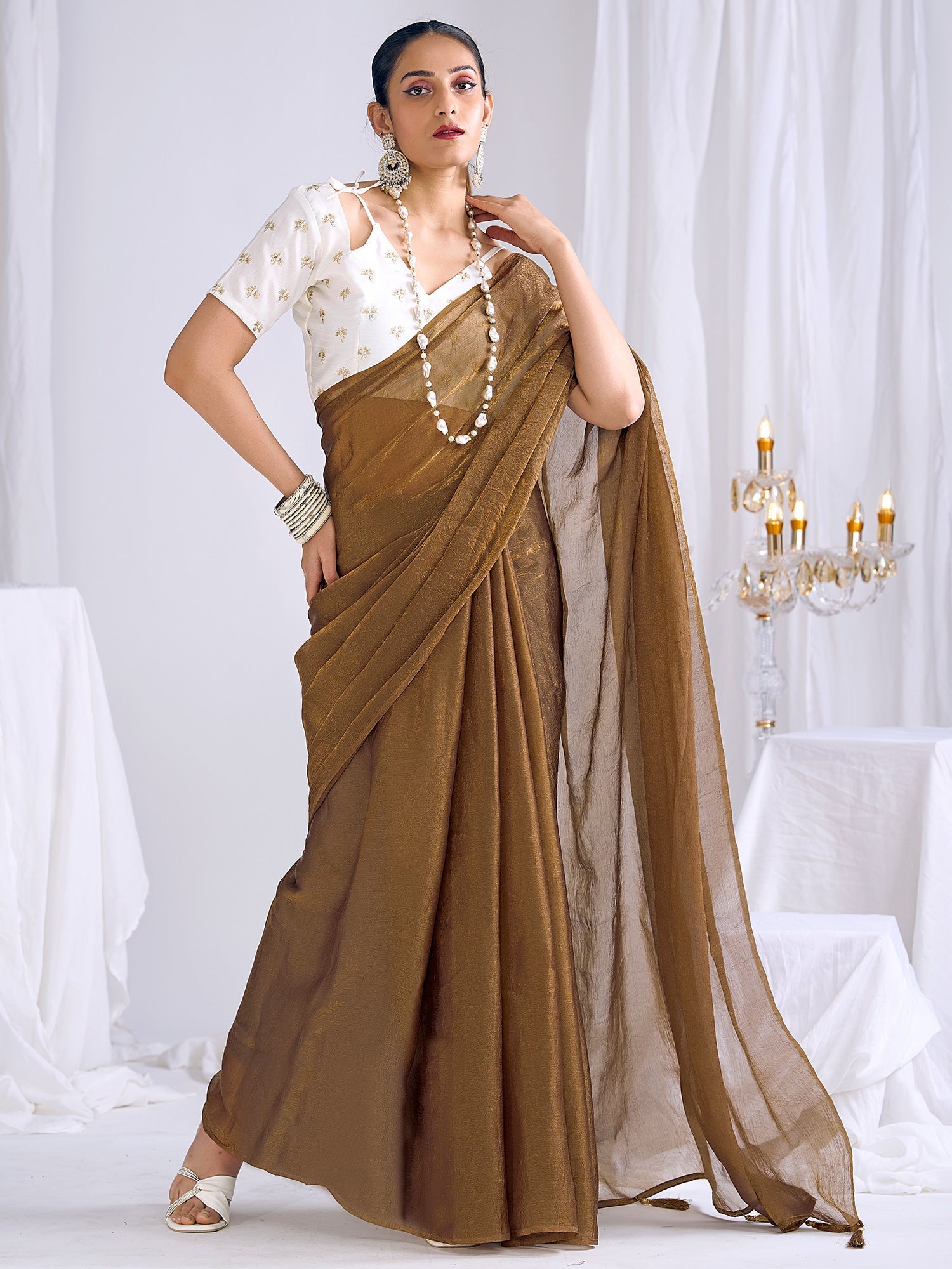 Tobacco Brown Organza Saree with Embroidered Blouse - Ressa
