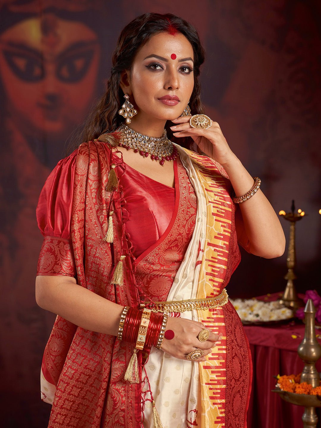 Traditional Maroon and Off-White Silk Blend Saree - Ressa