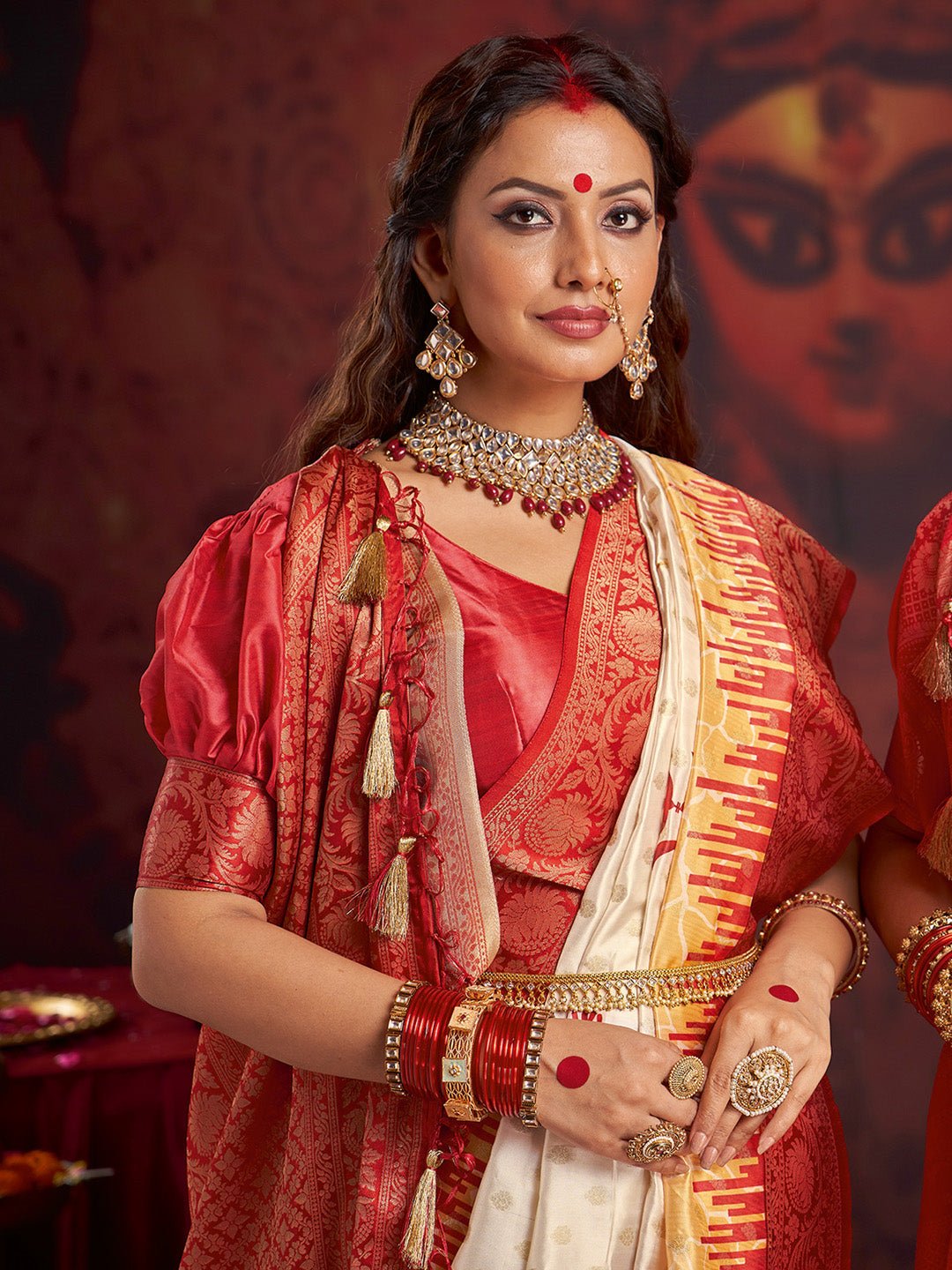 Traditional Maroon and Off-White Silk Blend Saree - Ressa