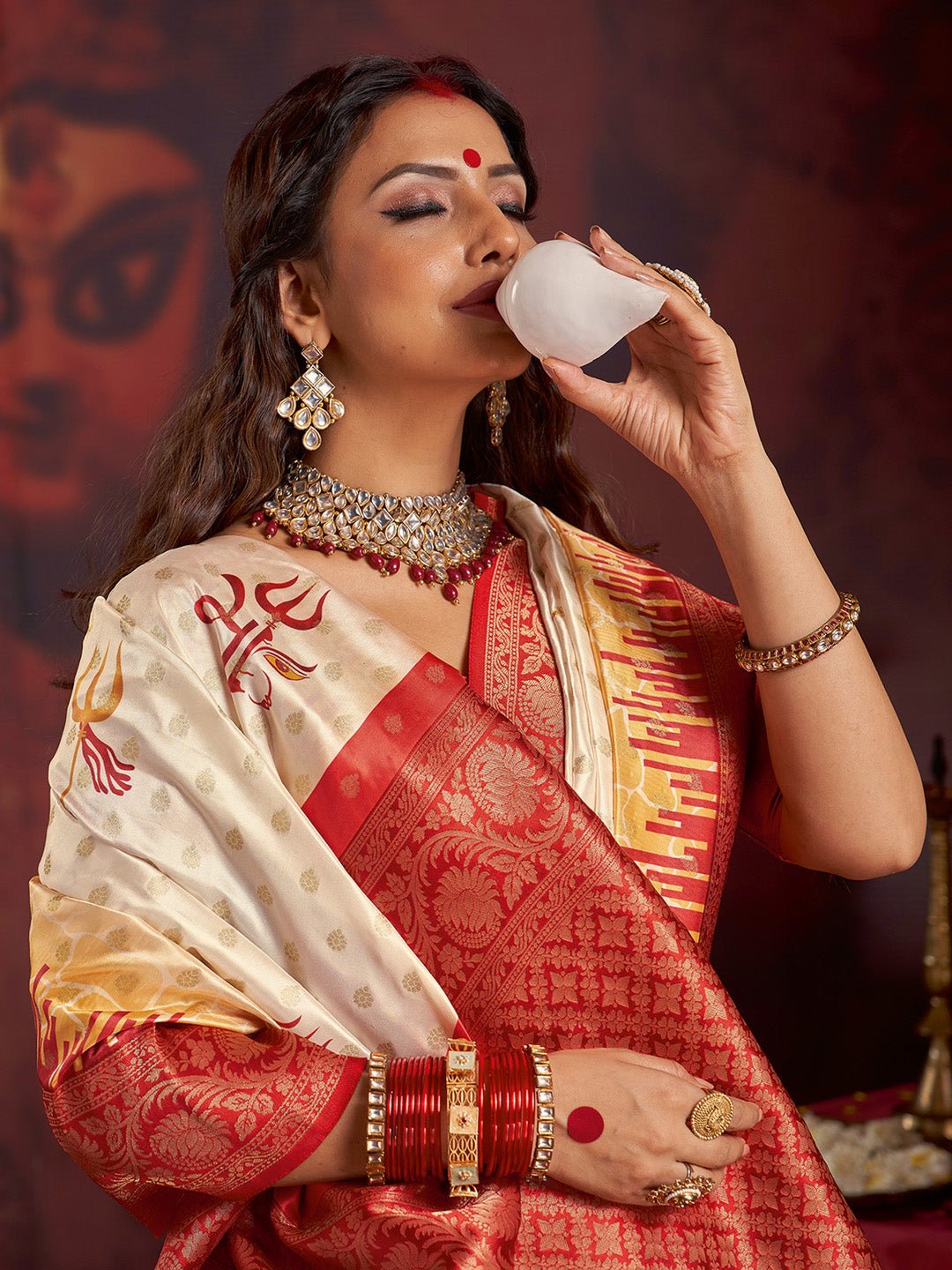 Traditional Maroon and Off-White Silk Blend Saree - Ressa