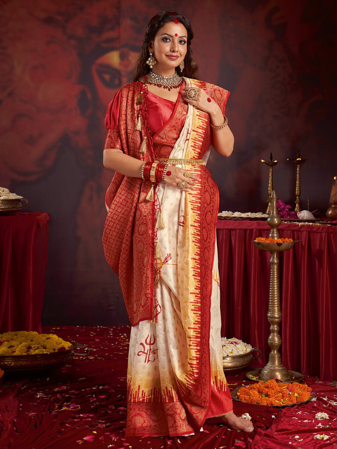 Traditional Maroon and Off-White Silk Blend Saree - Ressa