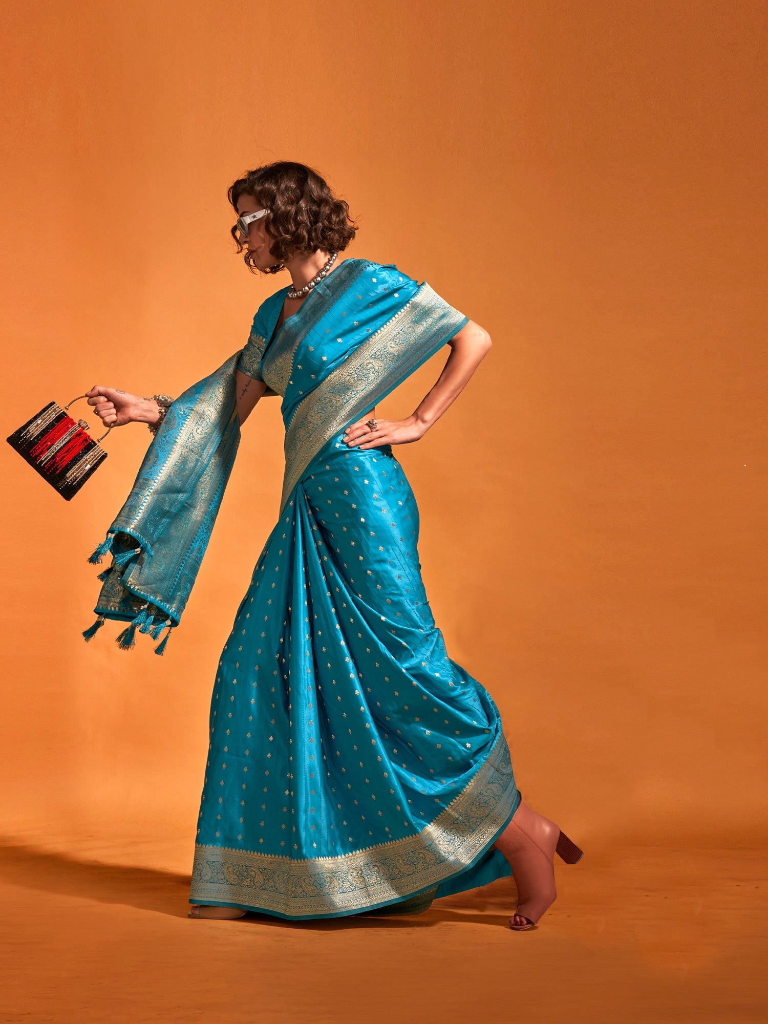 Turquoise Blue Banarasi Satin Silk Woven Zari Buttis Zari Border Blouse Saree - Ressa