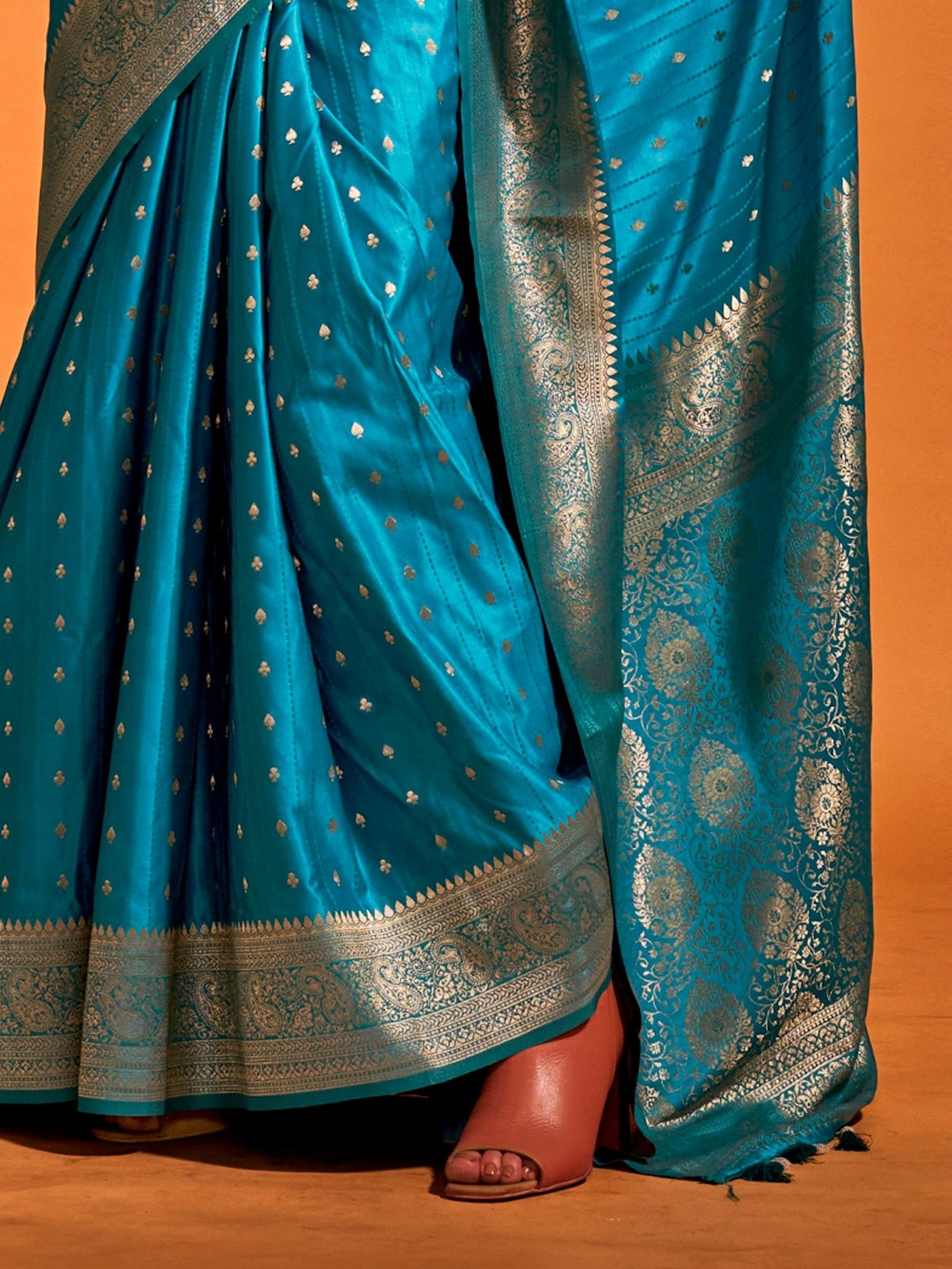 Turquoise Blue Banarasi Satin Silk Woven Zari Buttis Zari Border Blouse Saree - Ressa