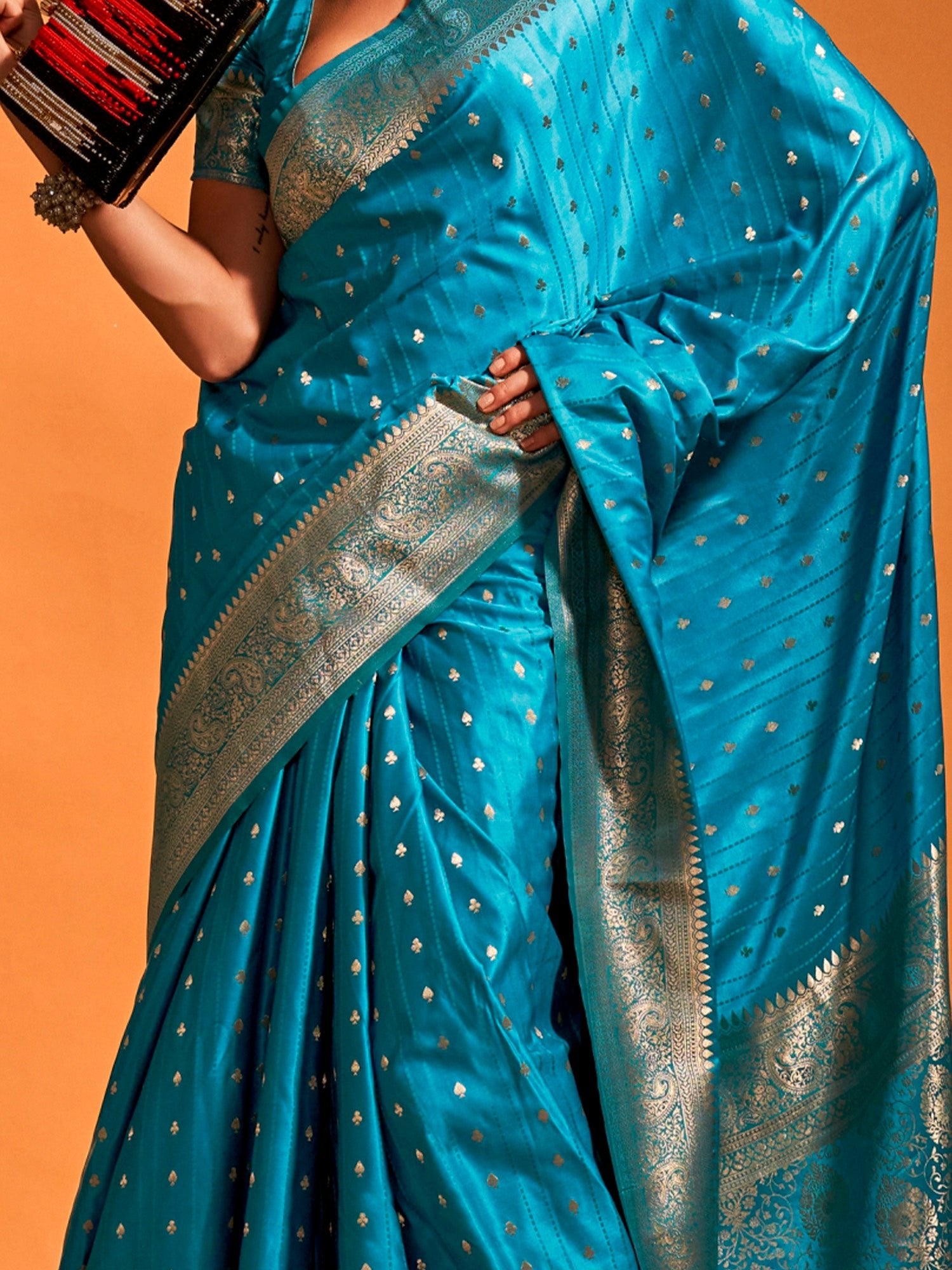 Turquoise Blue Banarasi Satin Silk Woven Zari Buttis Zari Border Blouse Saree - Ressa