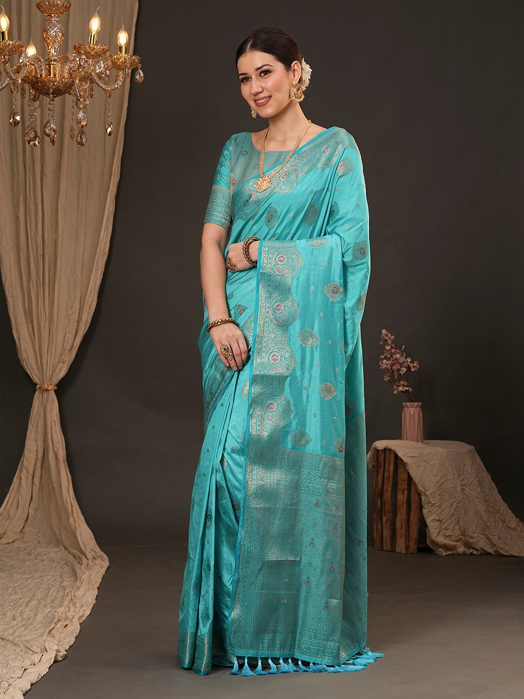 Turquoise Blue Silk Banarasi Saree - Ressa