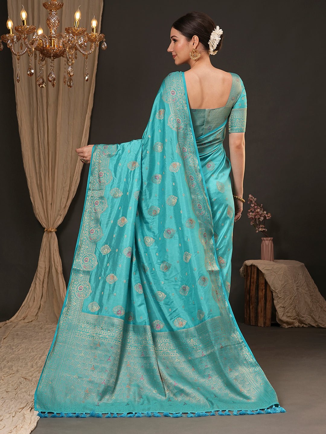 Turquoise Blue Silk Banarasi Saree - Ressa