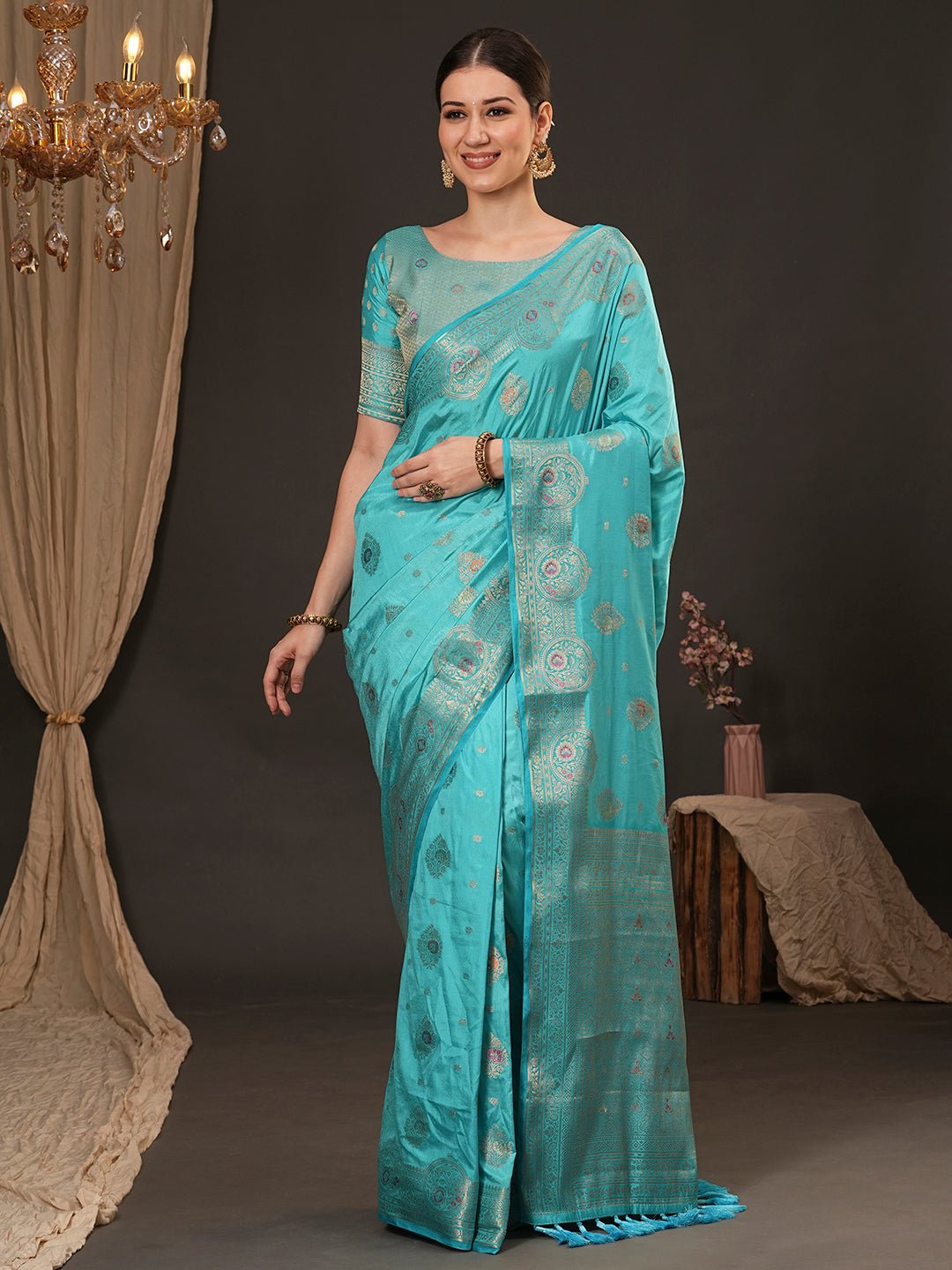 Turquoise Blue Silk Banarasi Saree - Ressa