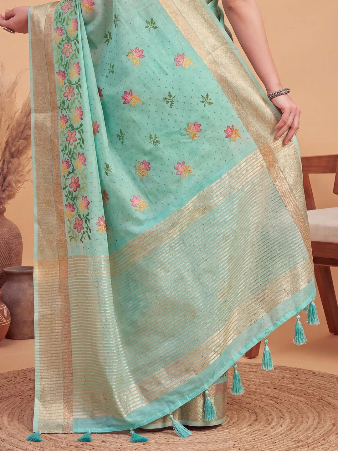 Turquoise linen with woven design saree - Ressa