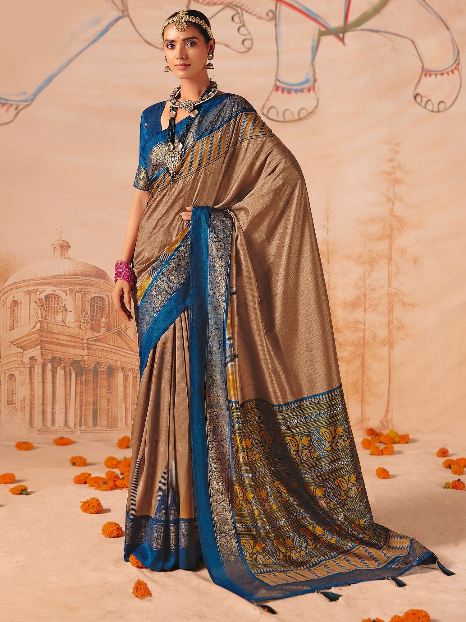Tussar Silk Saree in Bronze & Royal Blue - Ressa