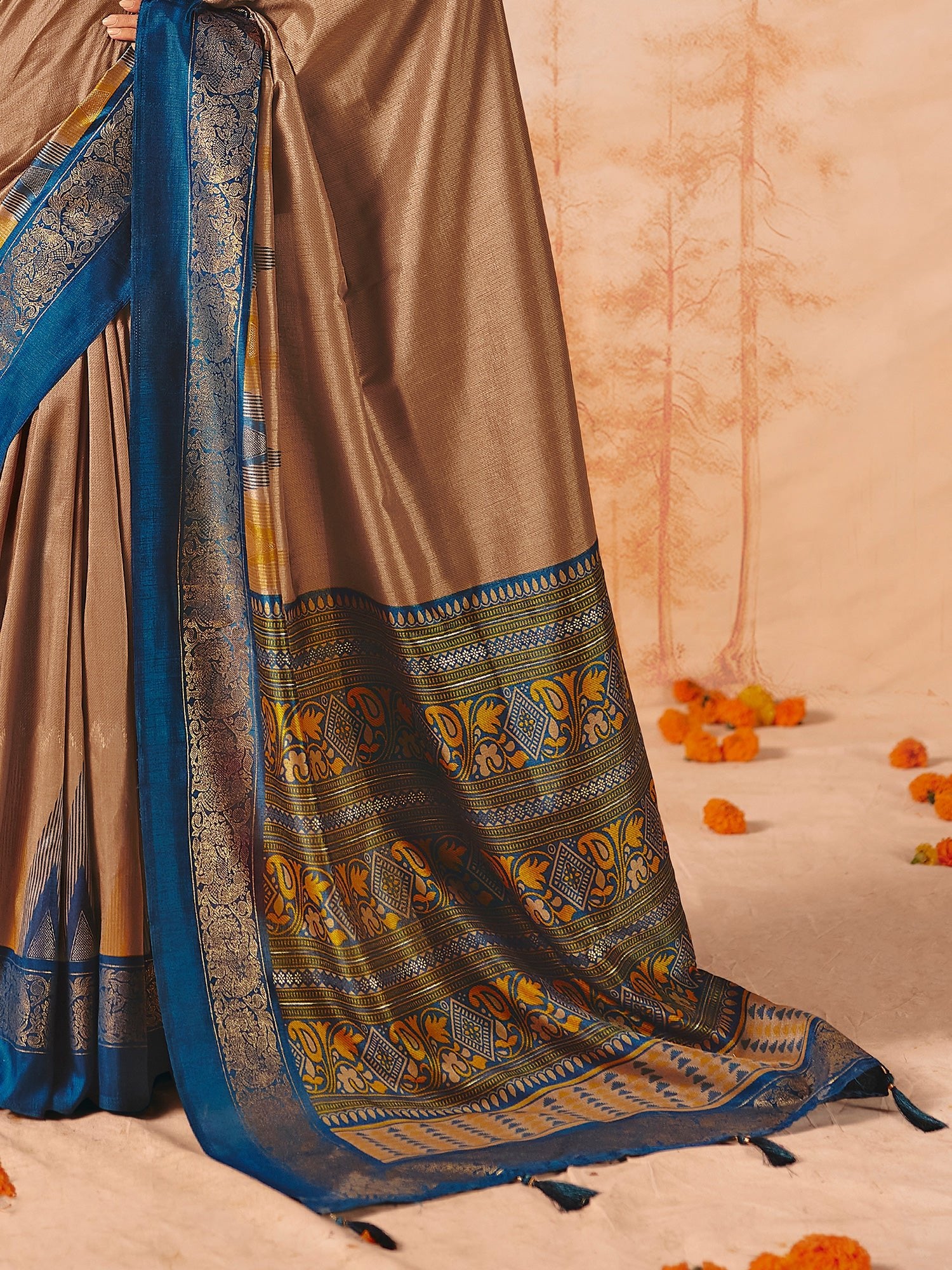 Tussar Silk Saree in Bronze & Royal Blue - Ressa