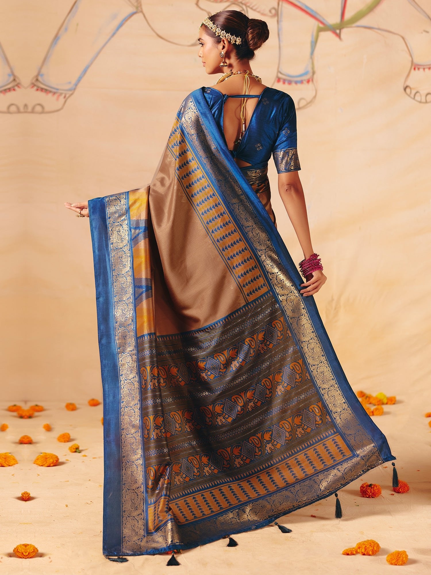 Tussar Silk Saree in Bronze & Royal Blue - Ressa