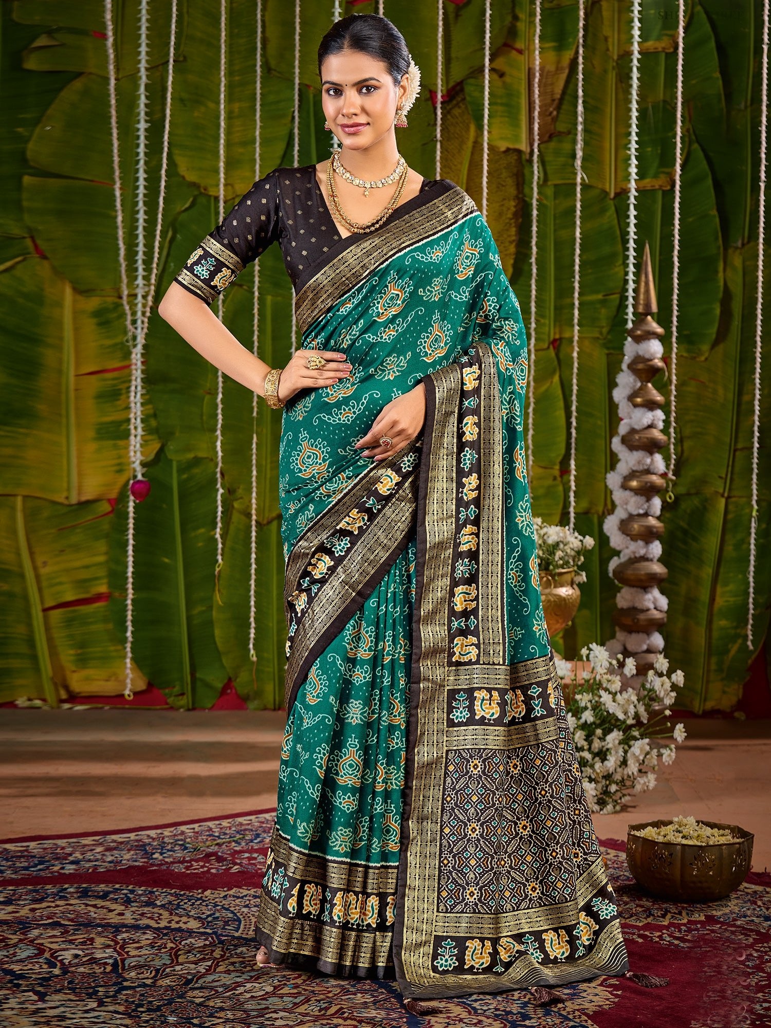 Tussar Silk Saree in Teal & Black with Zari Border - Ressa