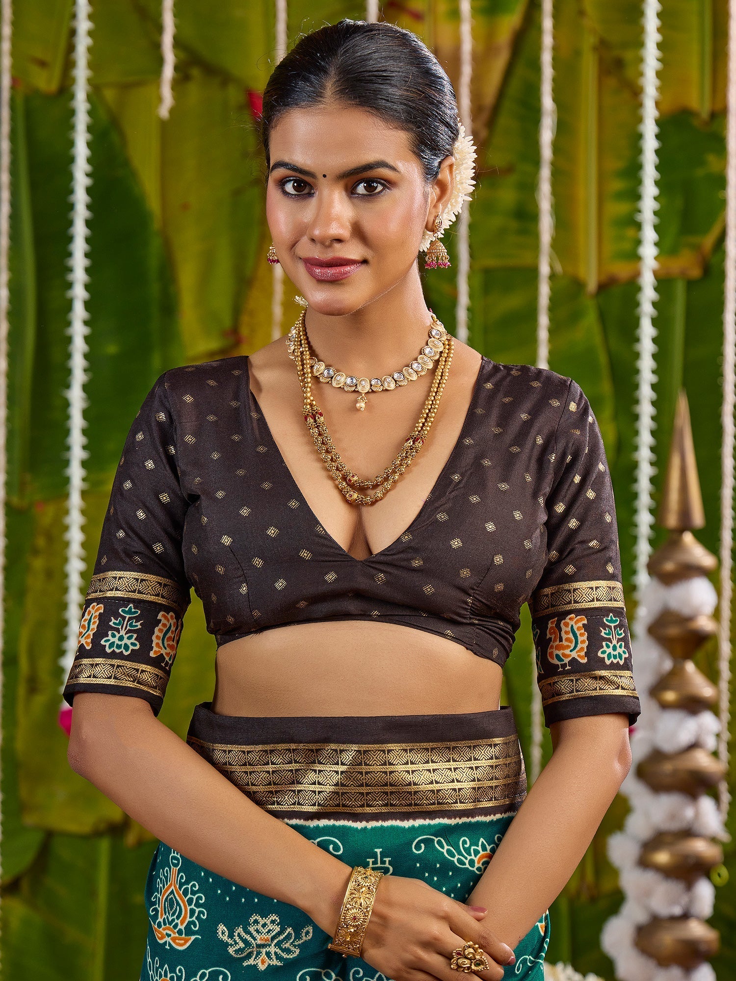 Tussar Silk Saree in Teal & Black with Zari Border - Ressa