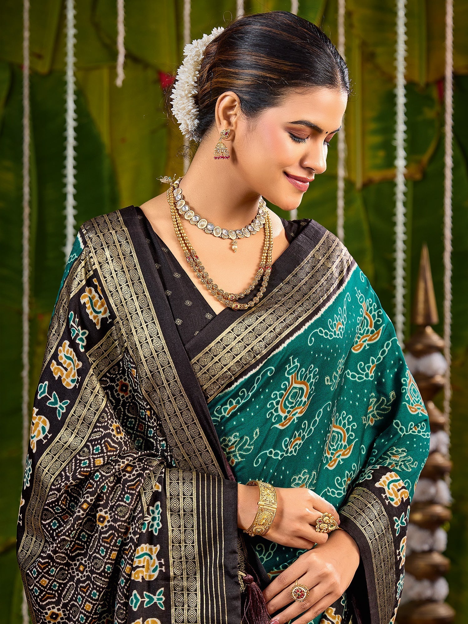 Tussar Silk Saree in Teal & Black with Zari Border - Ressa