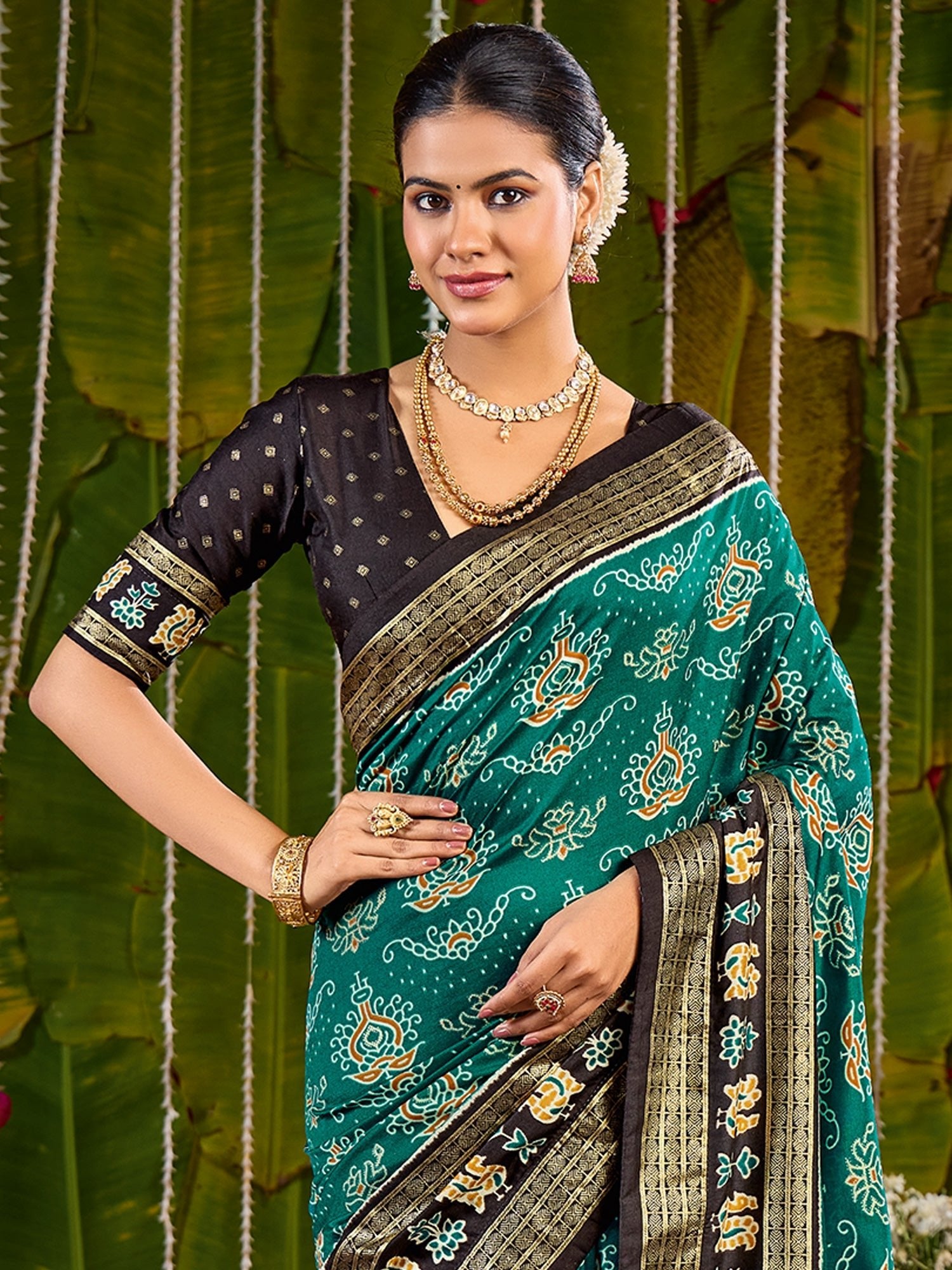 Tussar Silk Saree in Teal & Black with Zari Border - Ressa