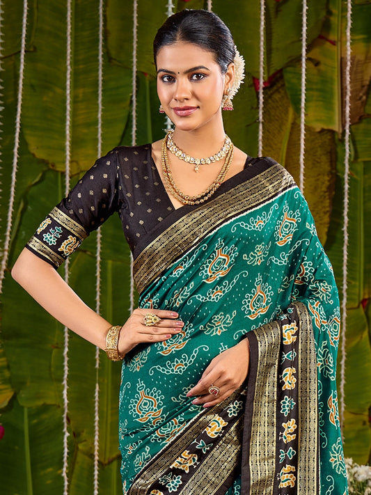 Tussar Silk Saree in Teal & Black with Zari Border - Ressa