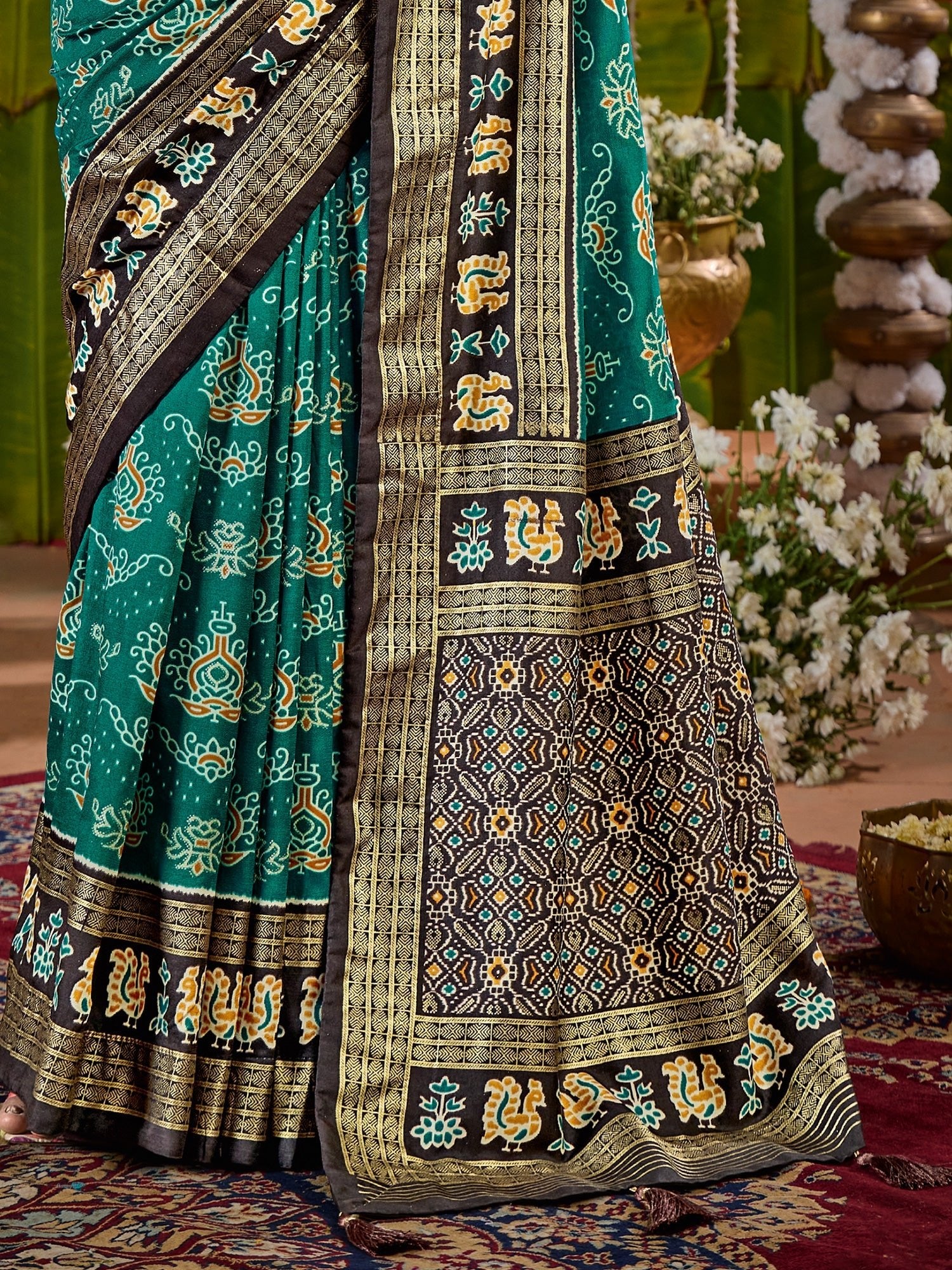 Tussar Silk Saree in Teal & Black with Zari Border - Ressa