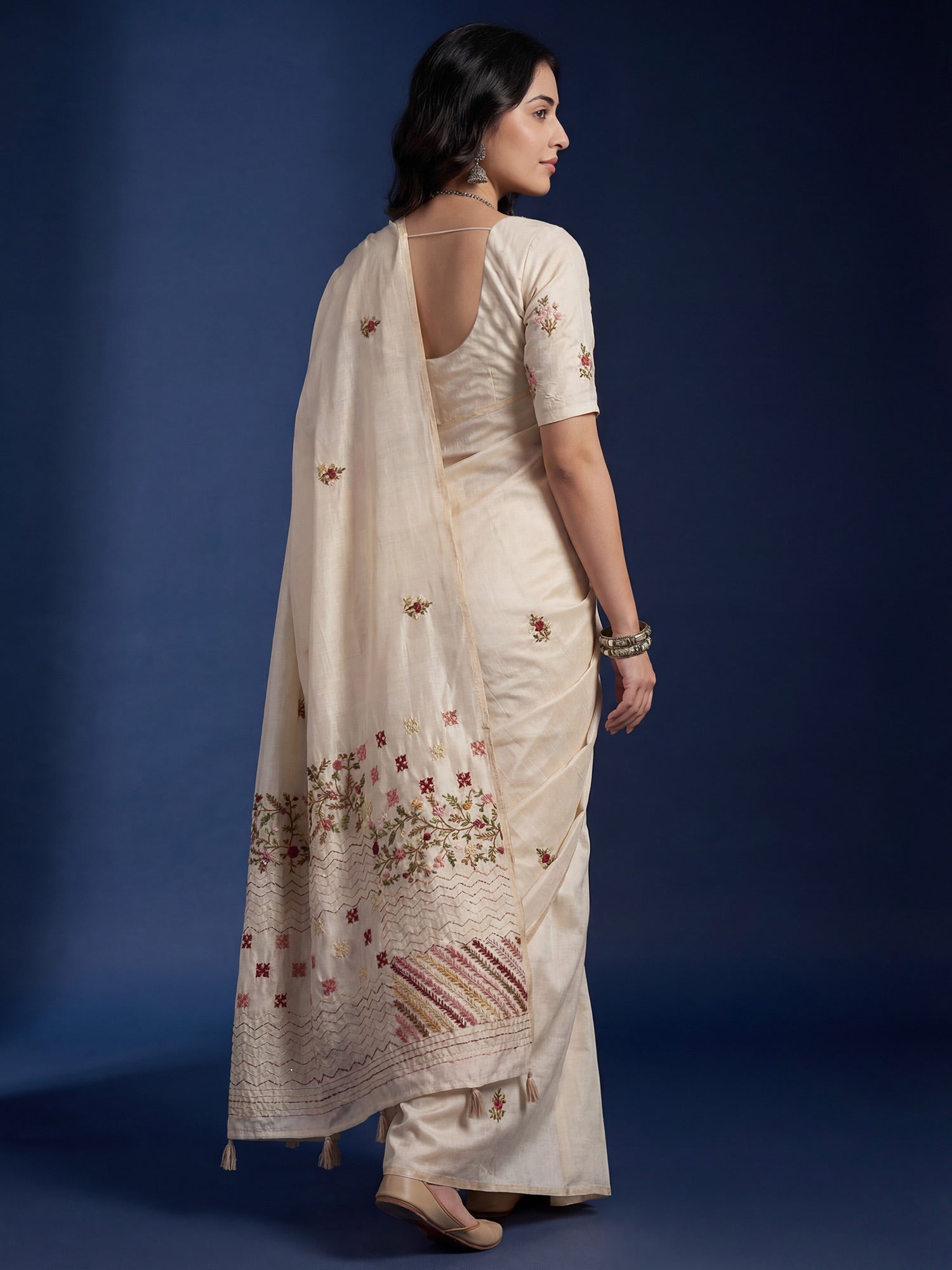 Tussar Silk Saree with Geometric & Kashmiri Floral Embroidery - Ressa