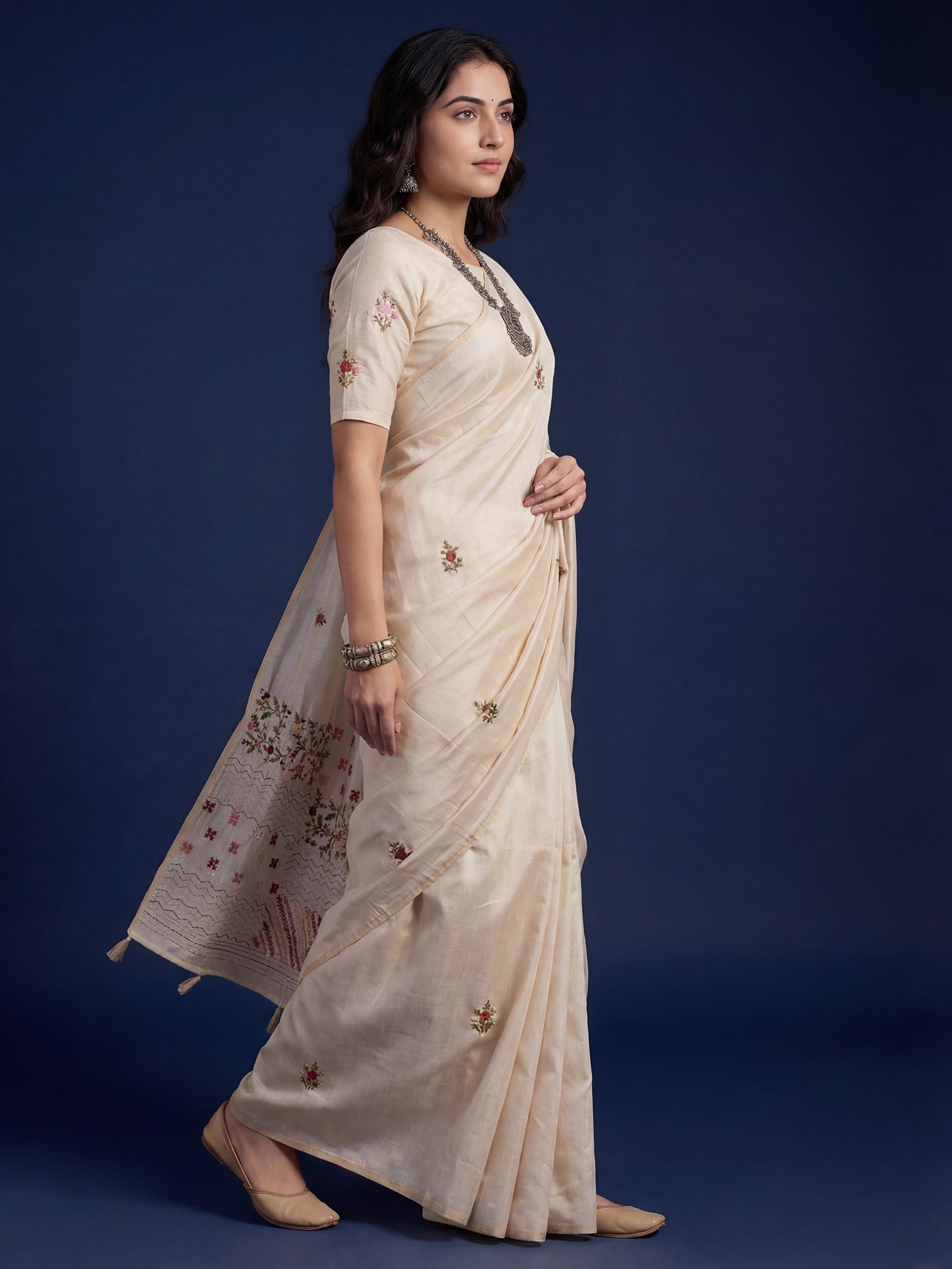 Tussar Silk Saree with Geometric & Kashmiri Floral Embroidery - Ressa