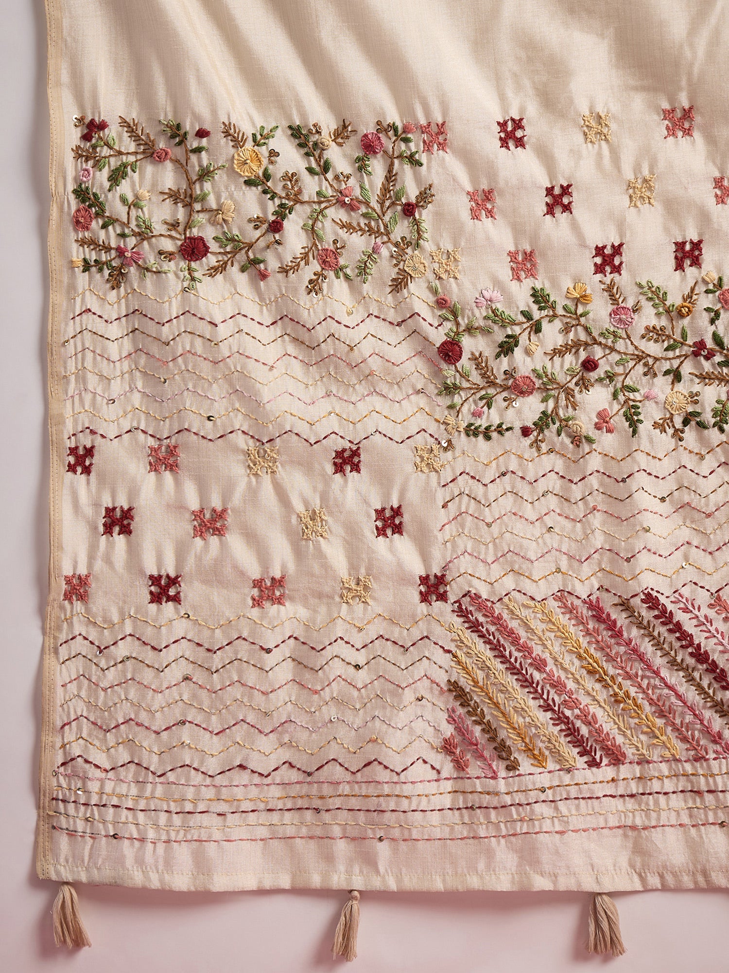 Tussar Silk Saree with Geometric & Kashmiri Floral Embroidery - Ressa