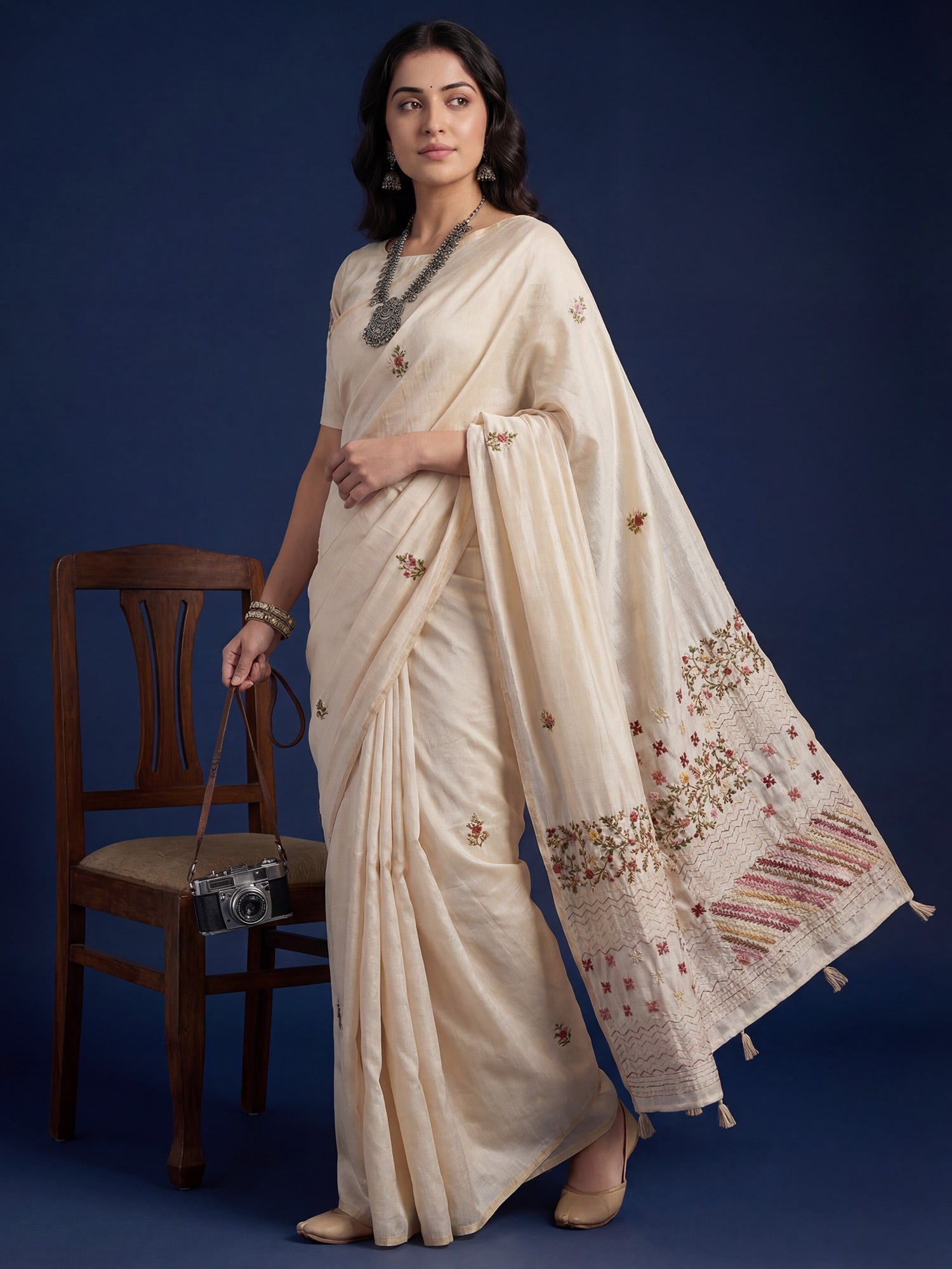 Tussar Silk Saree with Geometric & Kashmiri Floral Embroidery - Ressa