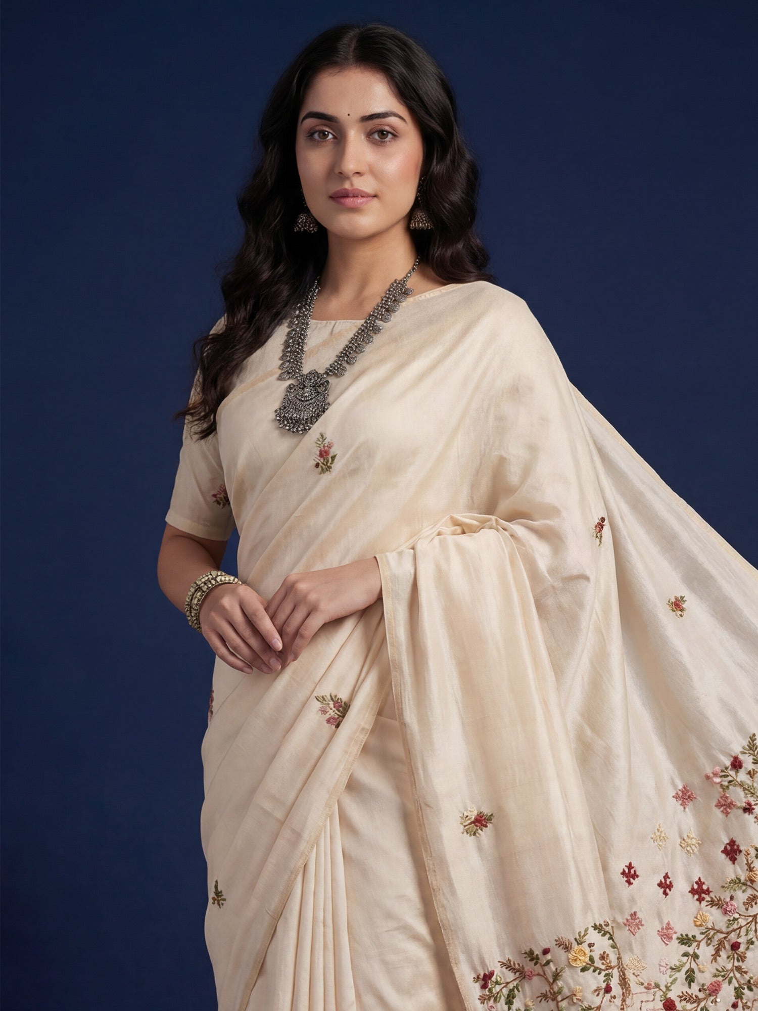 Tussar Silk Saree with Geometric & Kashmiri Floral Embroidery - Ressa