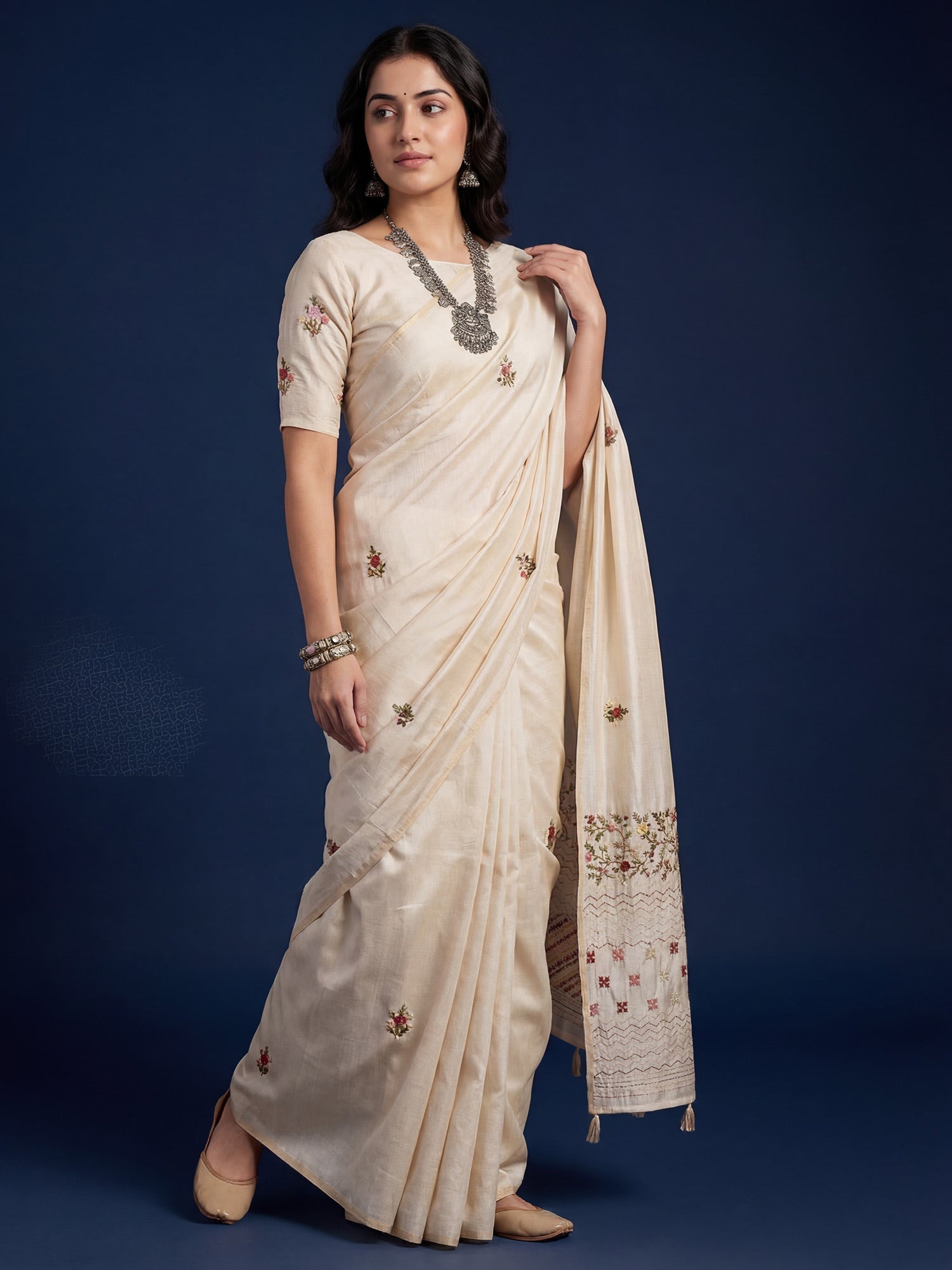 Tussar Silk Saree with Geometric & Kashmiri Floral Embroidery - Ressa