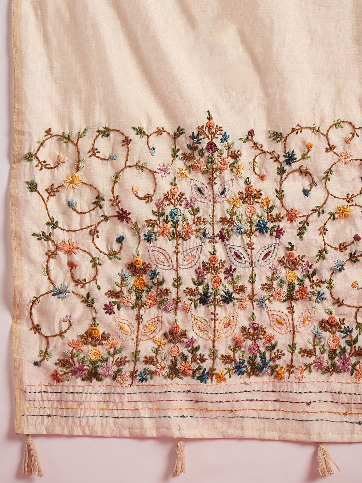 Tussar Silk Saree with Kashmiri Floral Arch Embroidery - Ressa