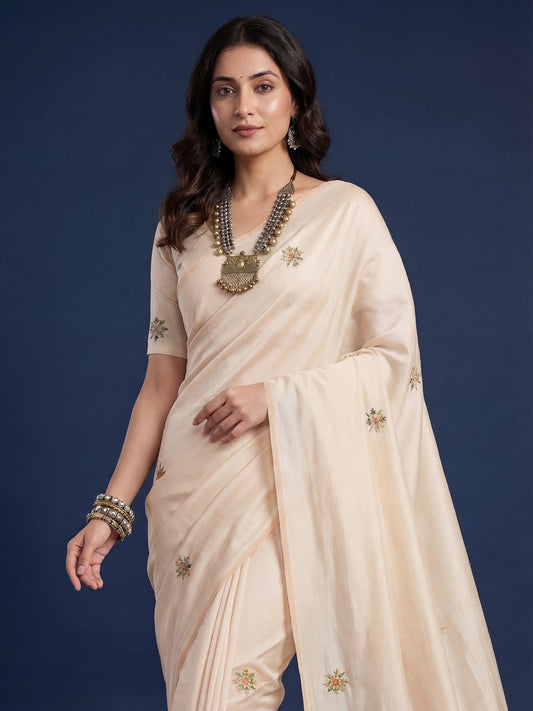 Tussar Silk Saree with Kashmiri Floral Arch Embroidery - Ressa