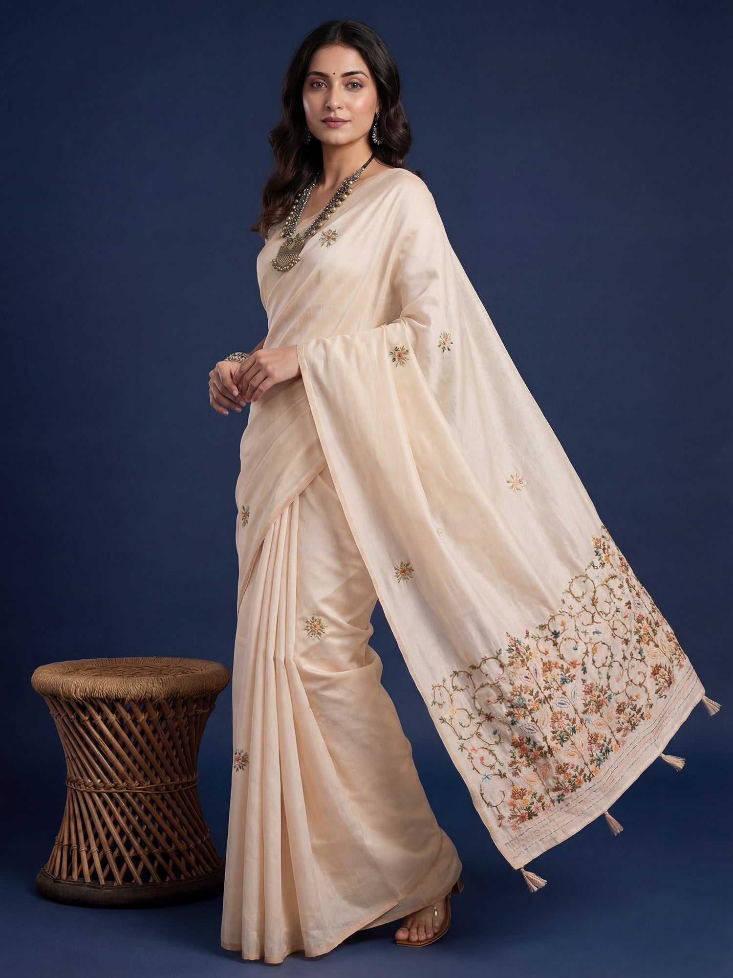 Tussar Silk Saree with Kashmiri Floral Arch Embroidery - Ressa